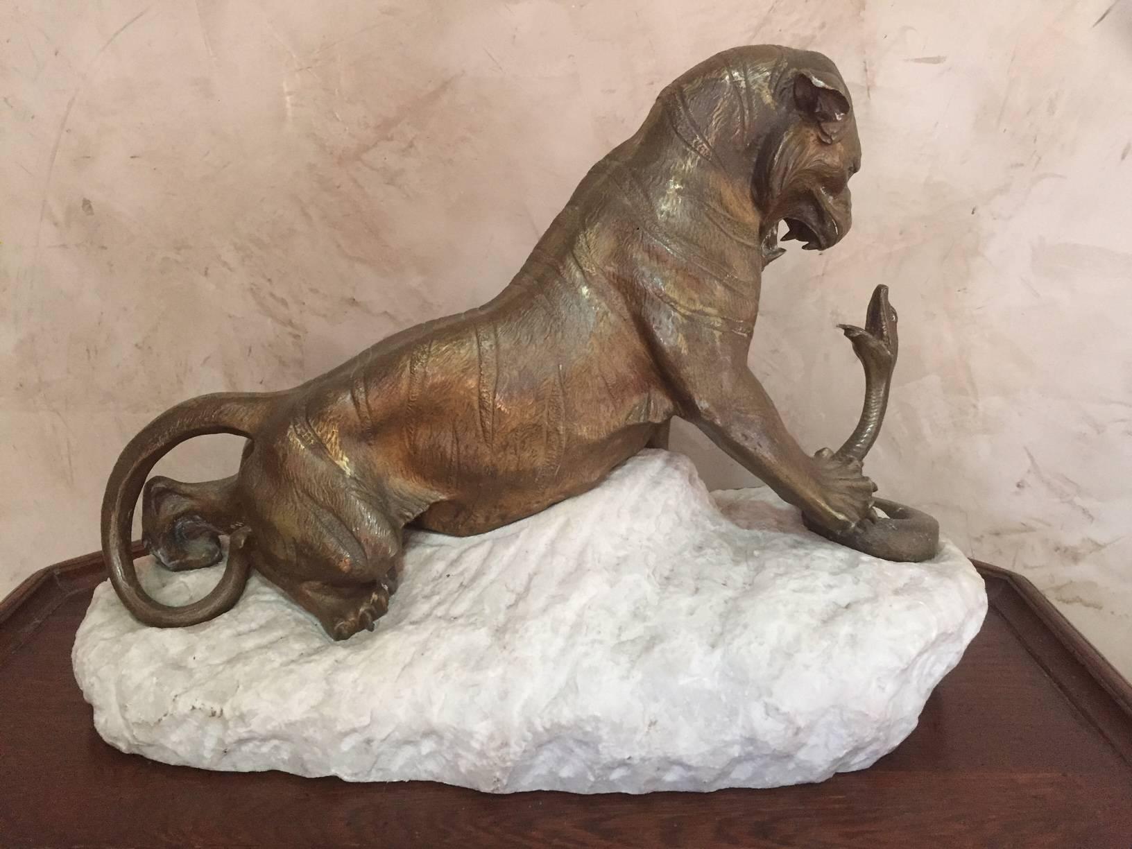 Patinated Early 20th Century Tiger and Snake Fighting Bronze Signed by Robert Bousquet