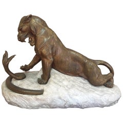 Early 20th Century Tiger and Snake Fighting Bronze Signed by Robert Bousquet