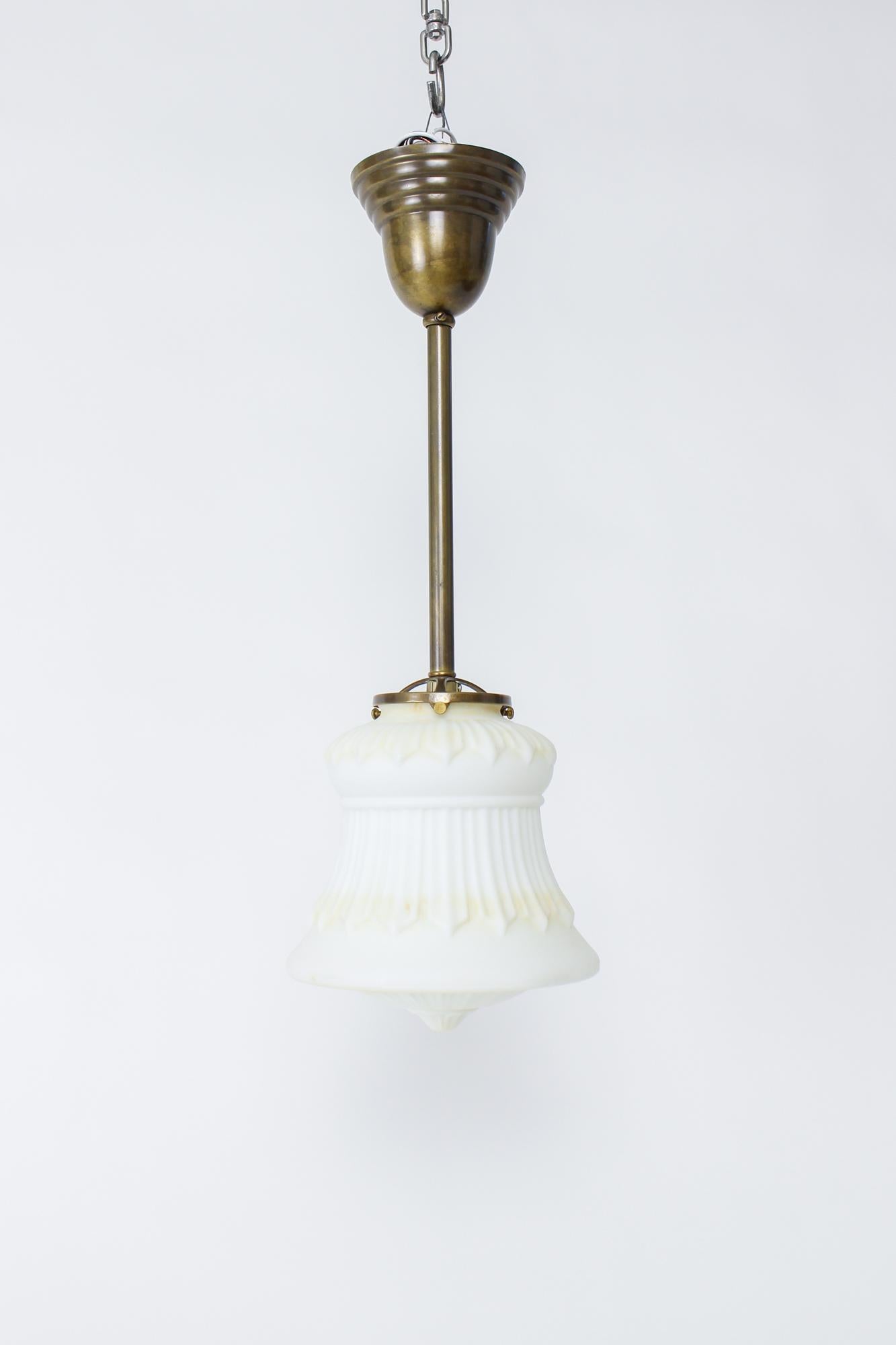 American Early 20th Century Tinted White Glass and Brass Pole Pendant For Sale