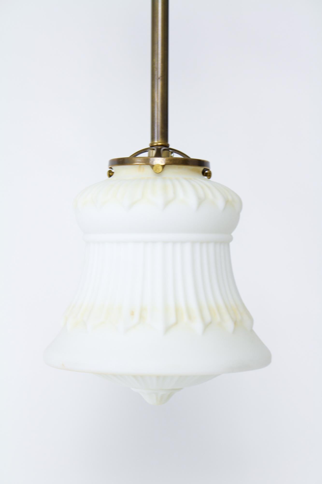 Early 20th Century Tinted White Glass and Brass Pole Pendant In Good Condition For Sale In Canton, MA