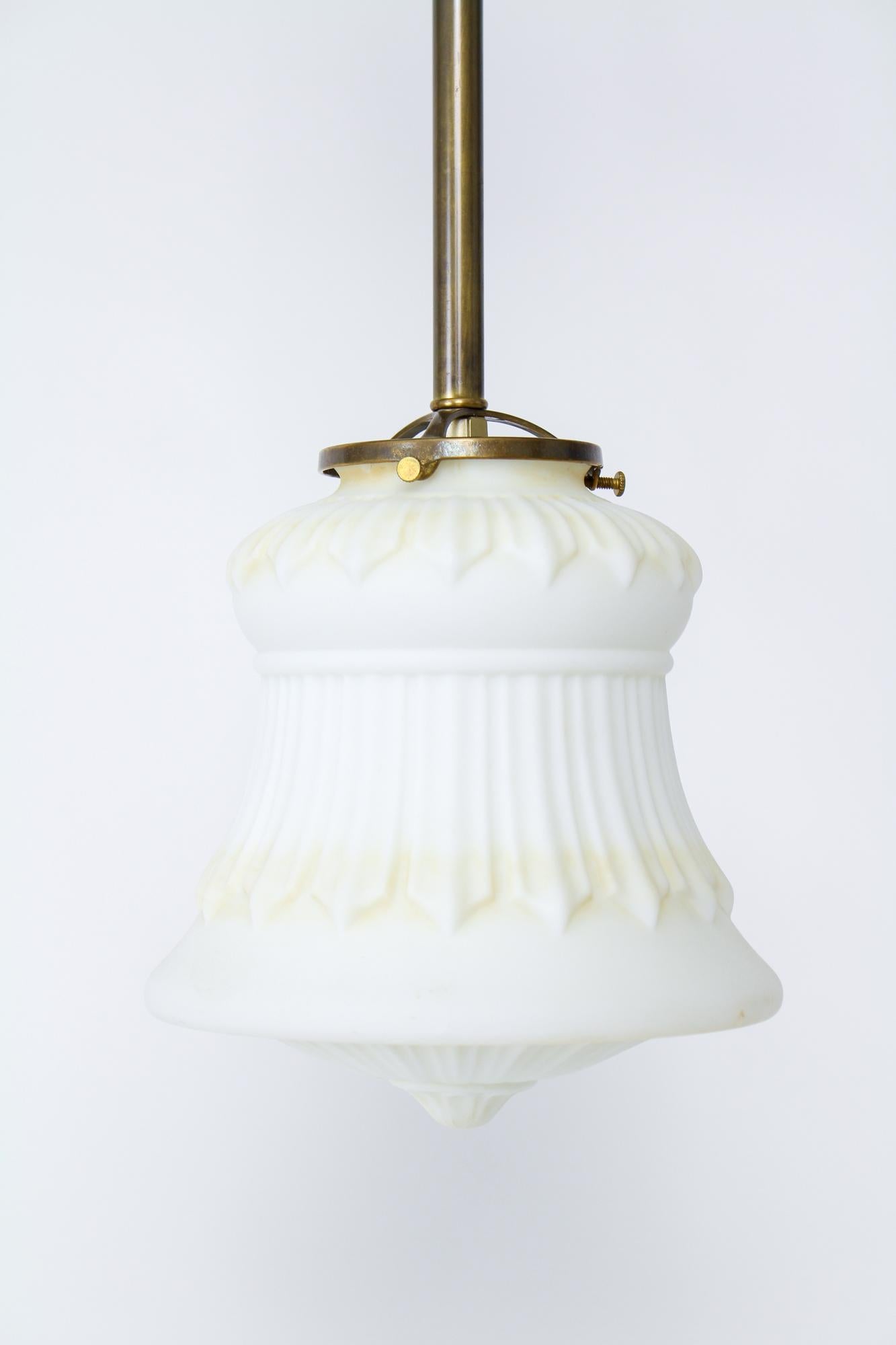 Early 20th Century Tinted White Glass and Brass Pole Pendant For Sale 1