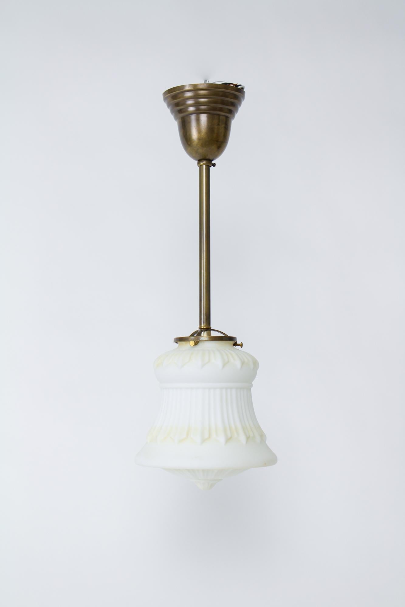 Early 20th Century Tinted White Glass and Brass Pole Pendant For Sale 4