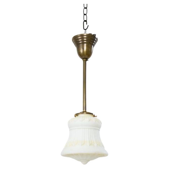 Early 20th Century Tinted White Glass and Brass Pole Pendant For Sale
