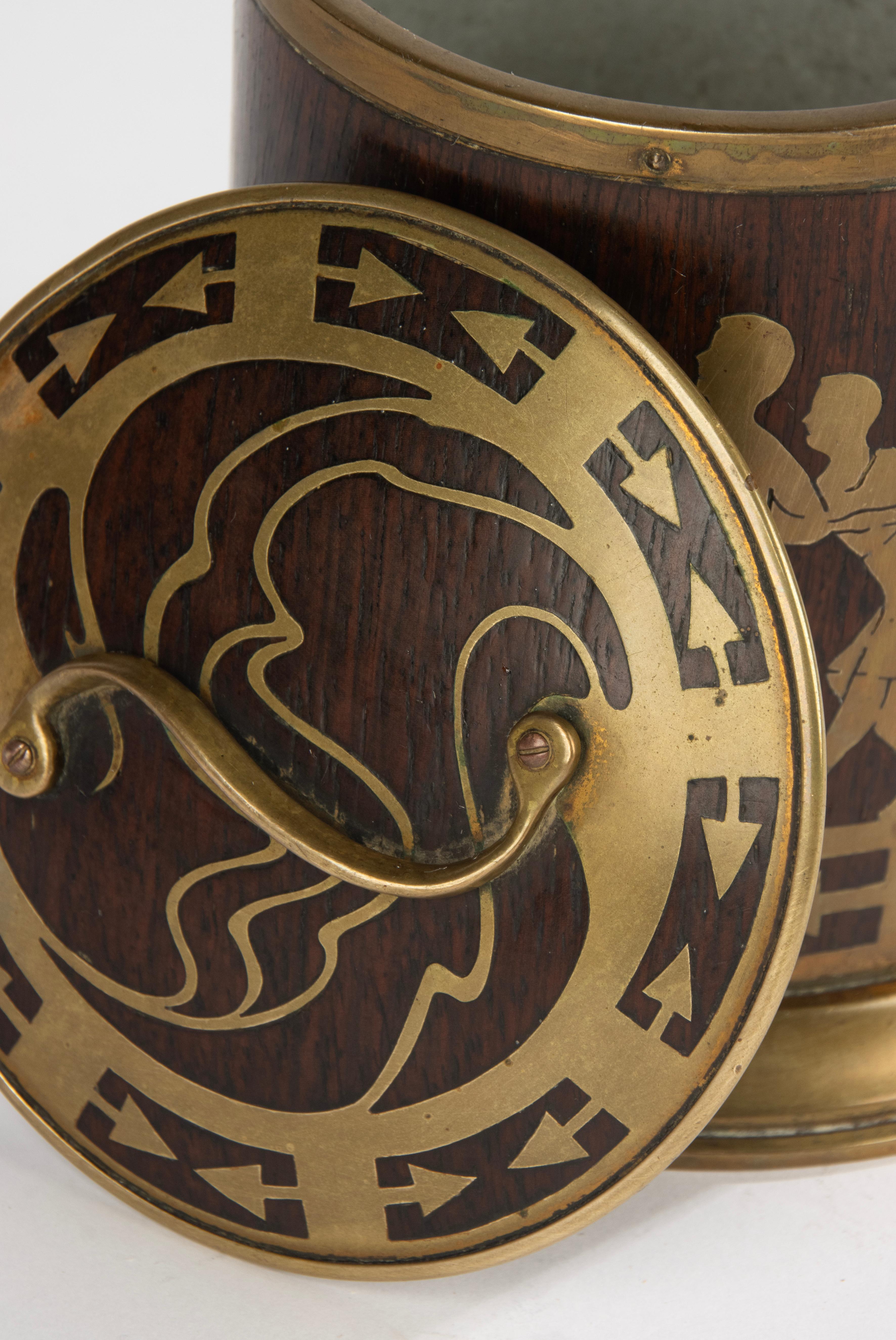 Early 20th Century Tobacco Jar - Erhard & Söhne - Brass and Wood - Tug-of-War For Sale 3
