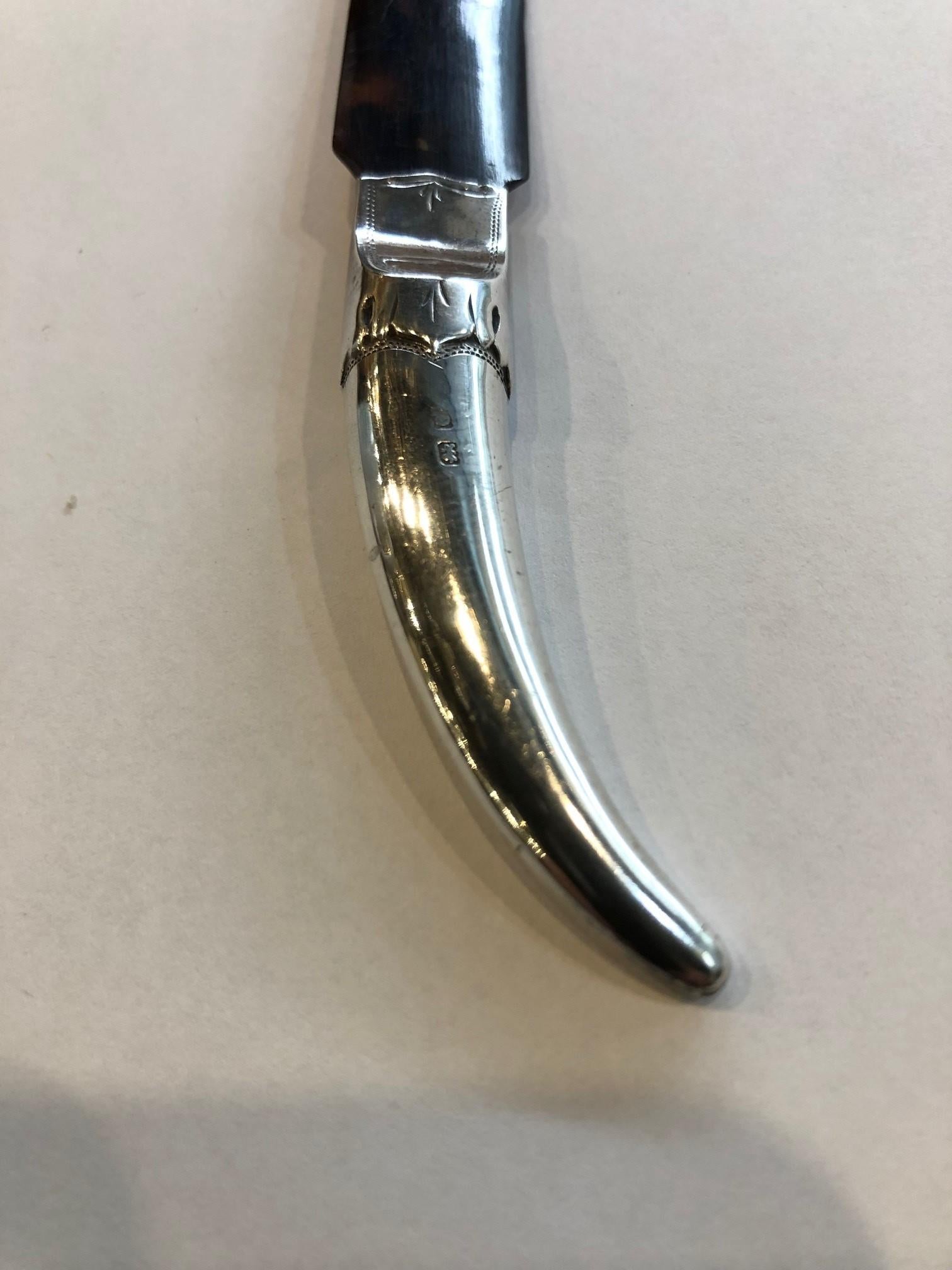 Early 20th Century Tortoise Shell Letter opener with a Sterling Silver Handle In Good Condition For Sale In Stamford, CT