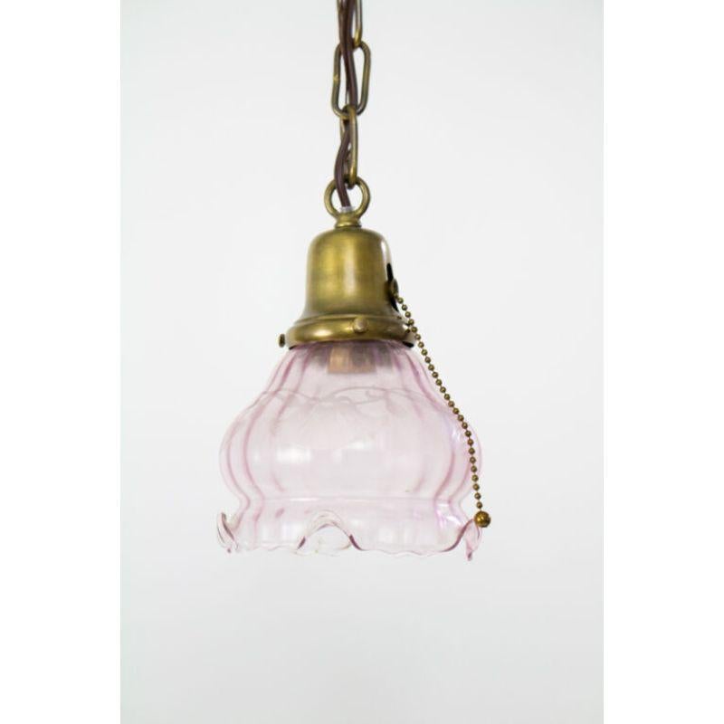American Early 20th Century Traditional Brass Pendant with Pink Vianne Glass For Sale