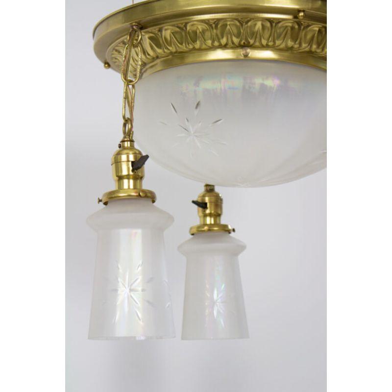 American Early 20th Century Traditional Iridescent Glass and Brass Flush Pan Light