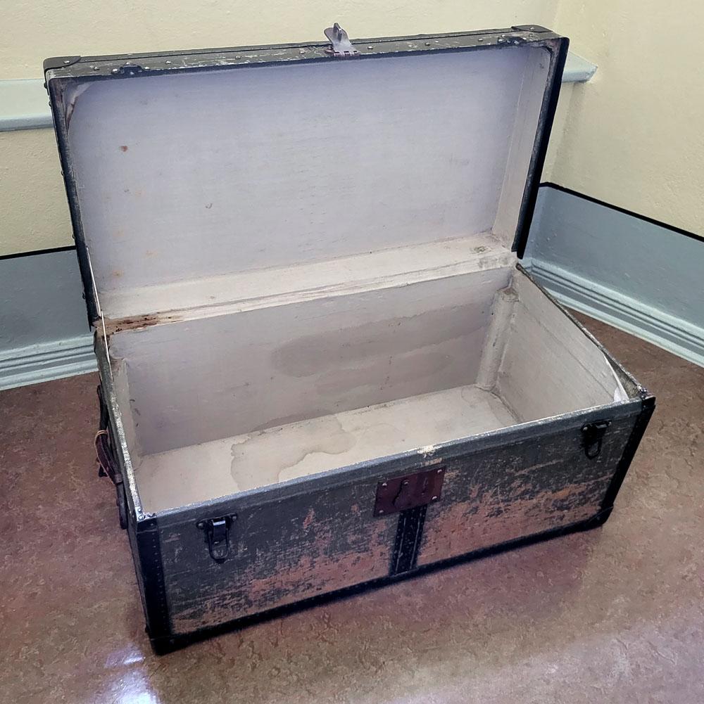 Metal Early 20th Century Travel Suitcase Chest Box Canvas Trunk Art Déco For Sale