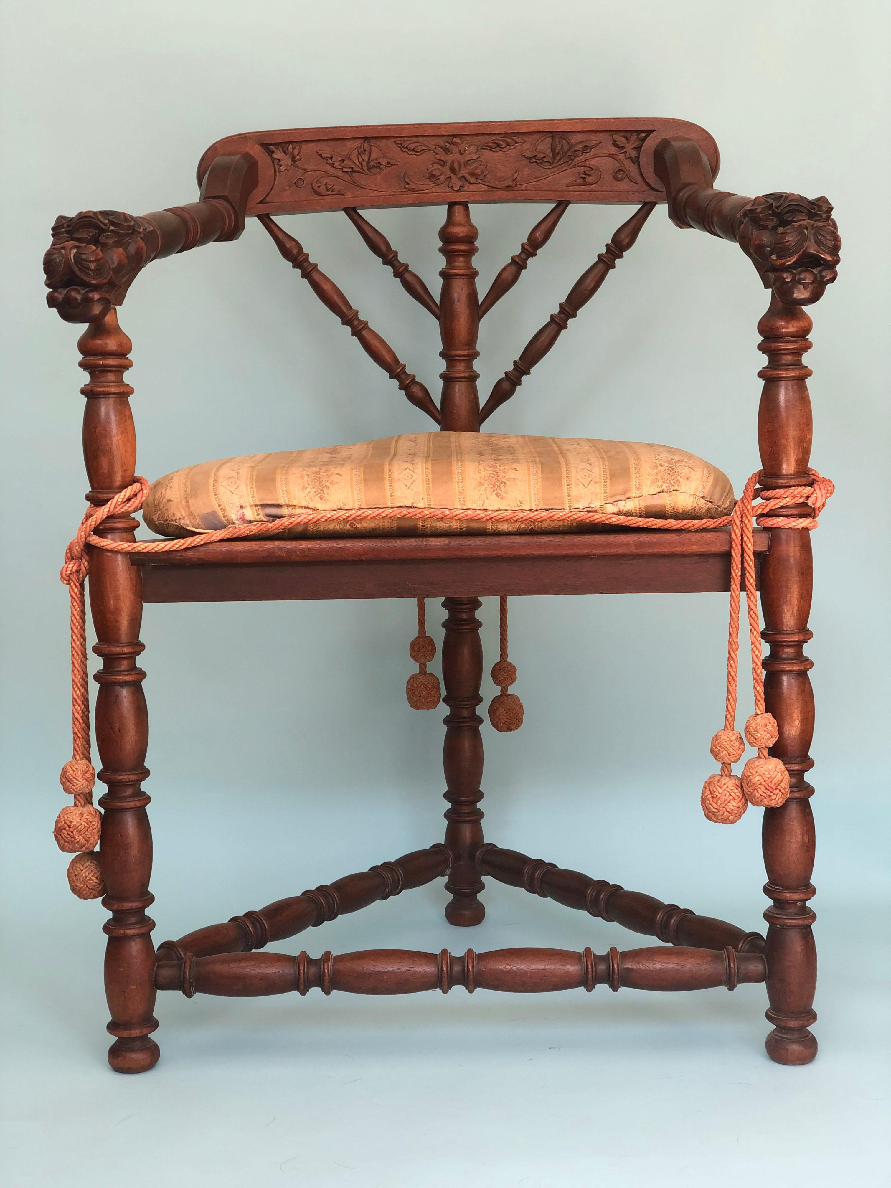 Edwardian Gillows UK Early 20th Century Triangular Carved Corner Chair For Sale