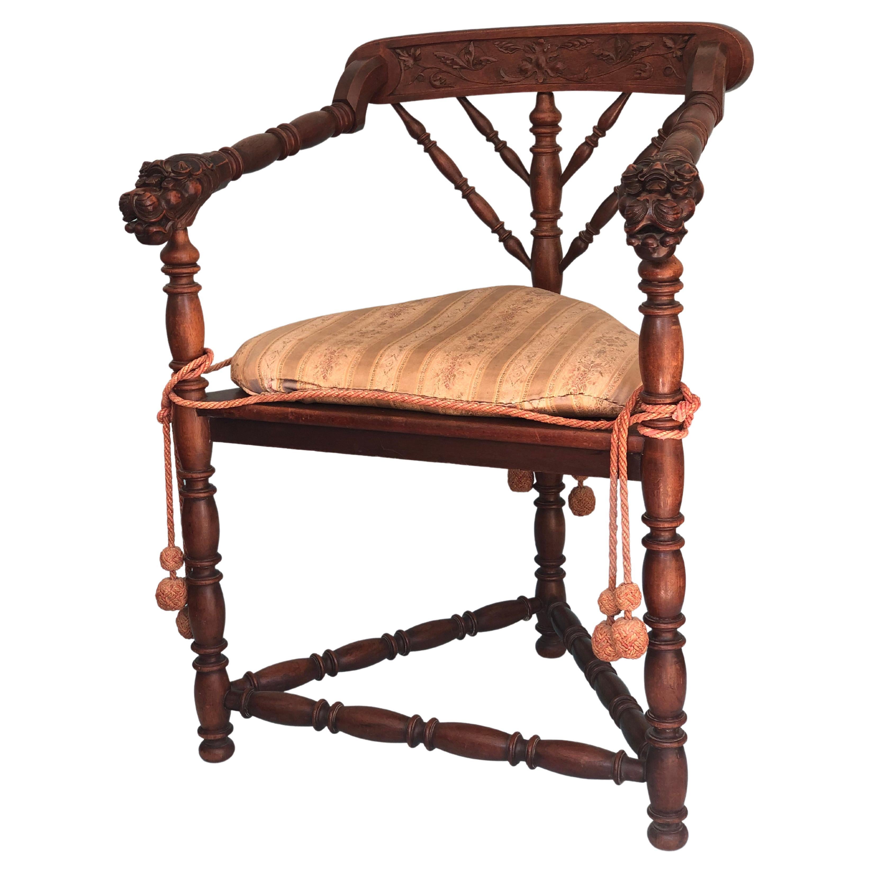 Gillows UK Early 20th Century Triangular Carved Corner Chair For Sale