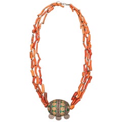 Early 20th Century Tribal Coral and Silver Pendant Necklace, Morocco
