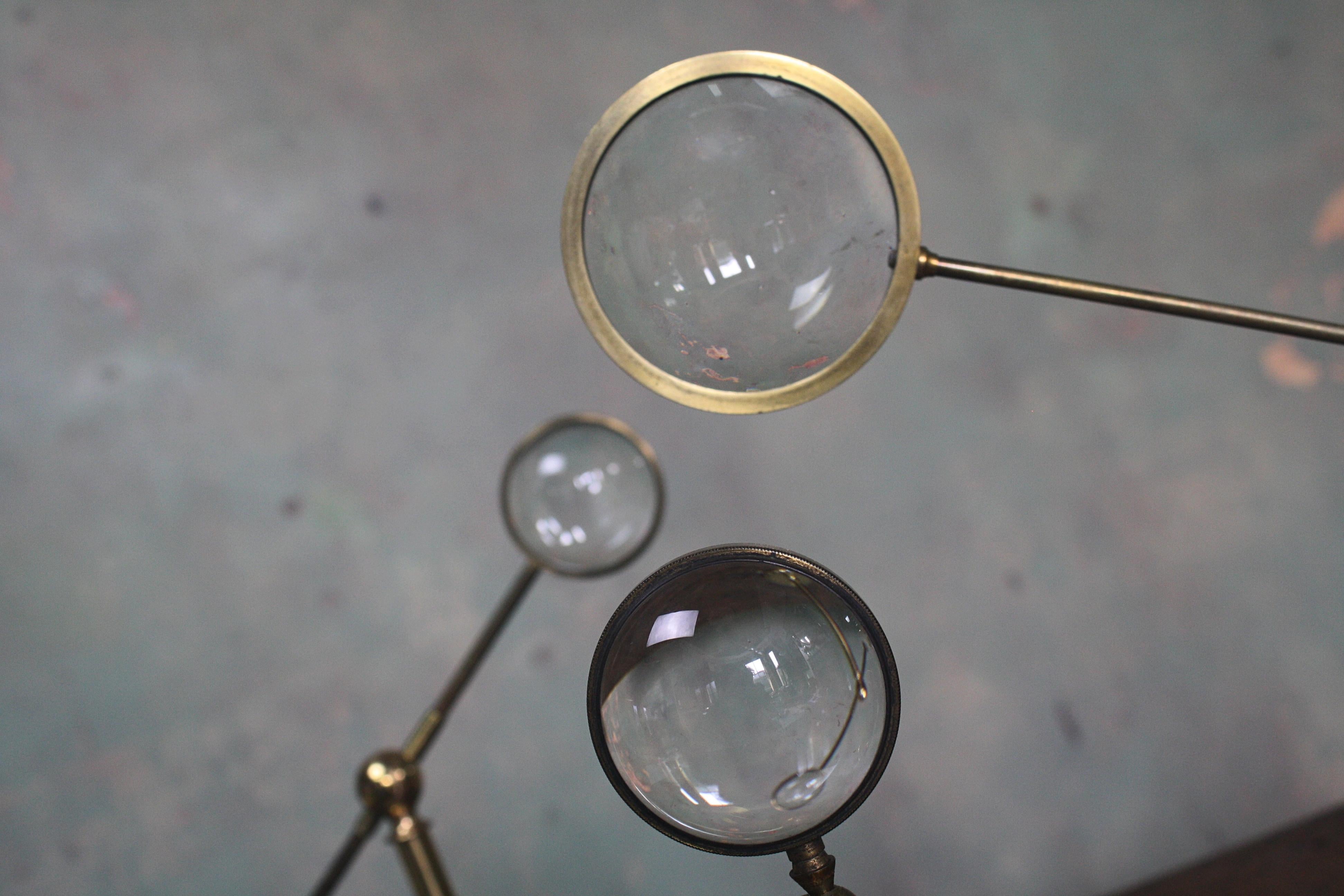Early 20th Century Trio of Large Brass Adjustable Table Top Condensing Lenses 5