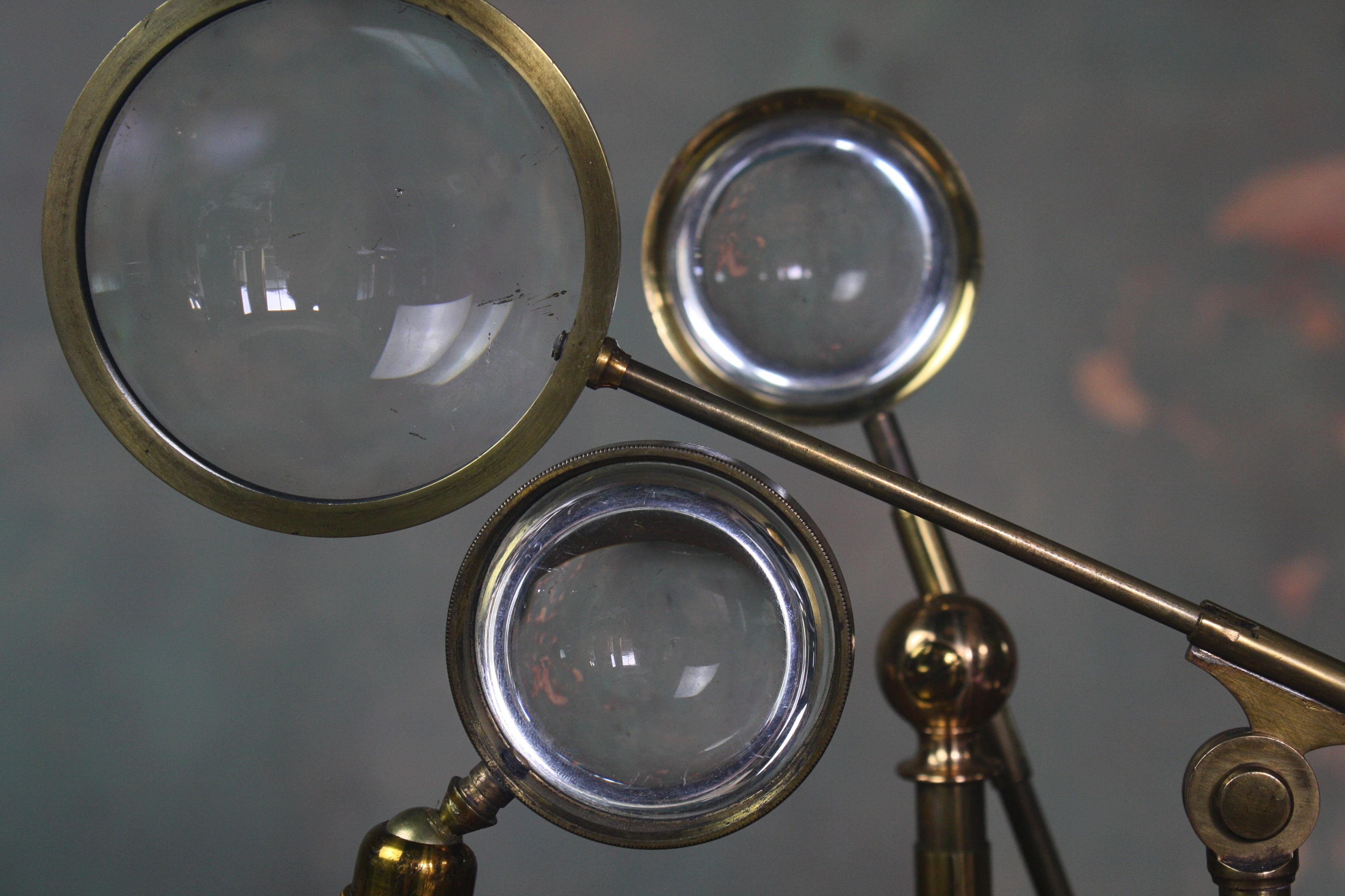 Early 20th Century Trio of Large Brass Adjustable Table Top Condensing Lenses 8