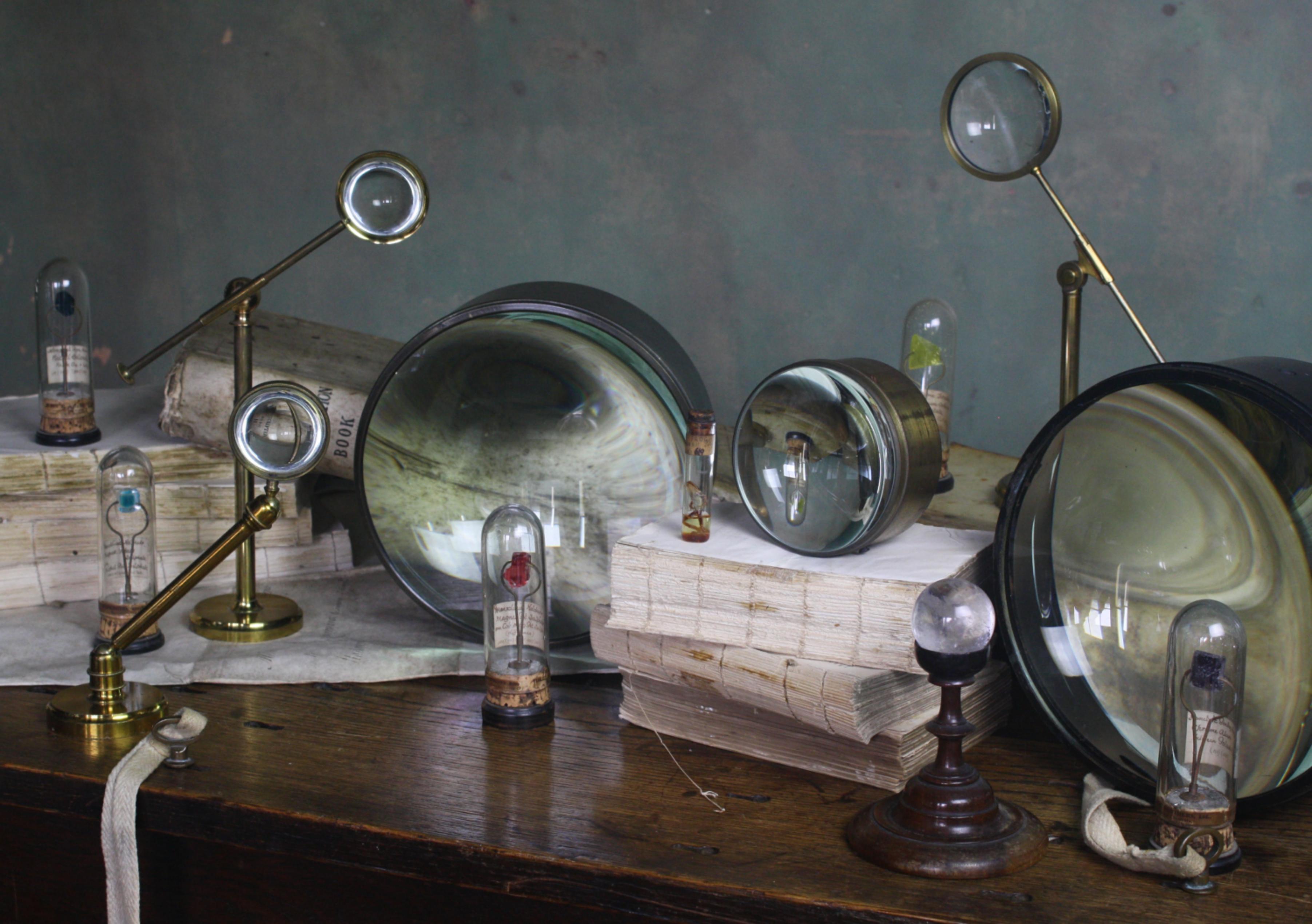 Edwardian Early 20th Century Trio of Large Brass Adjustable Table Top Condensing Lenses