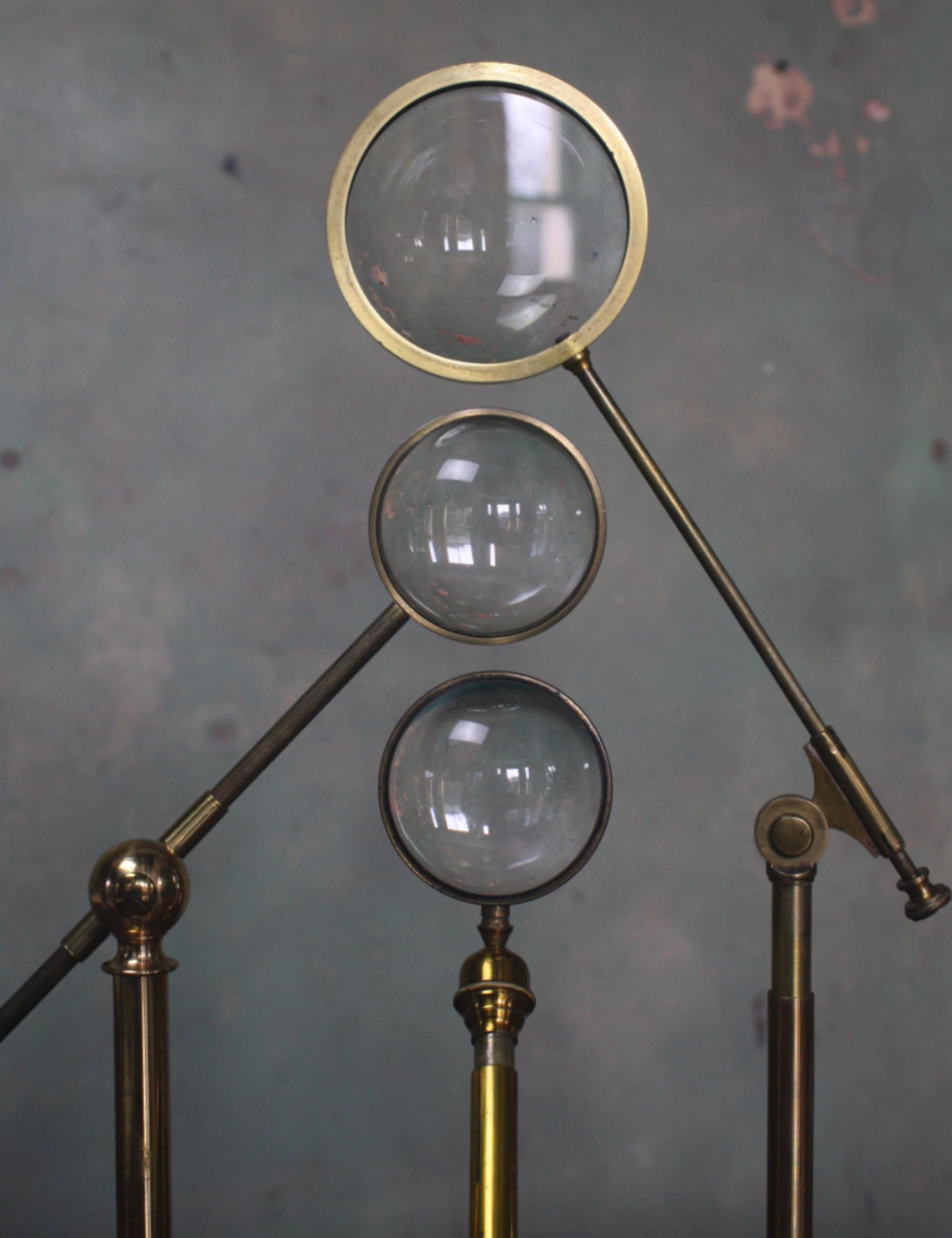 Early 20th Century Trio of Large Brass Adjustable Table Top Condensing Lenses 1