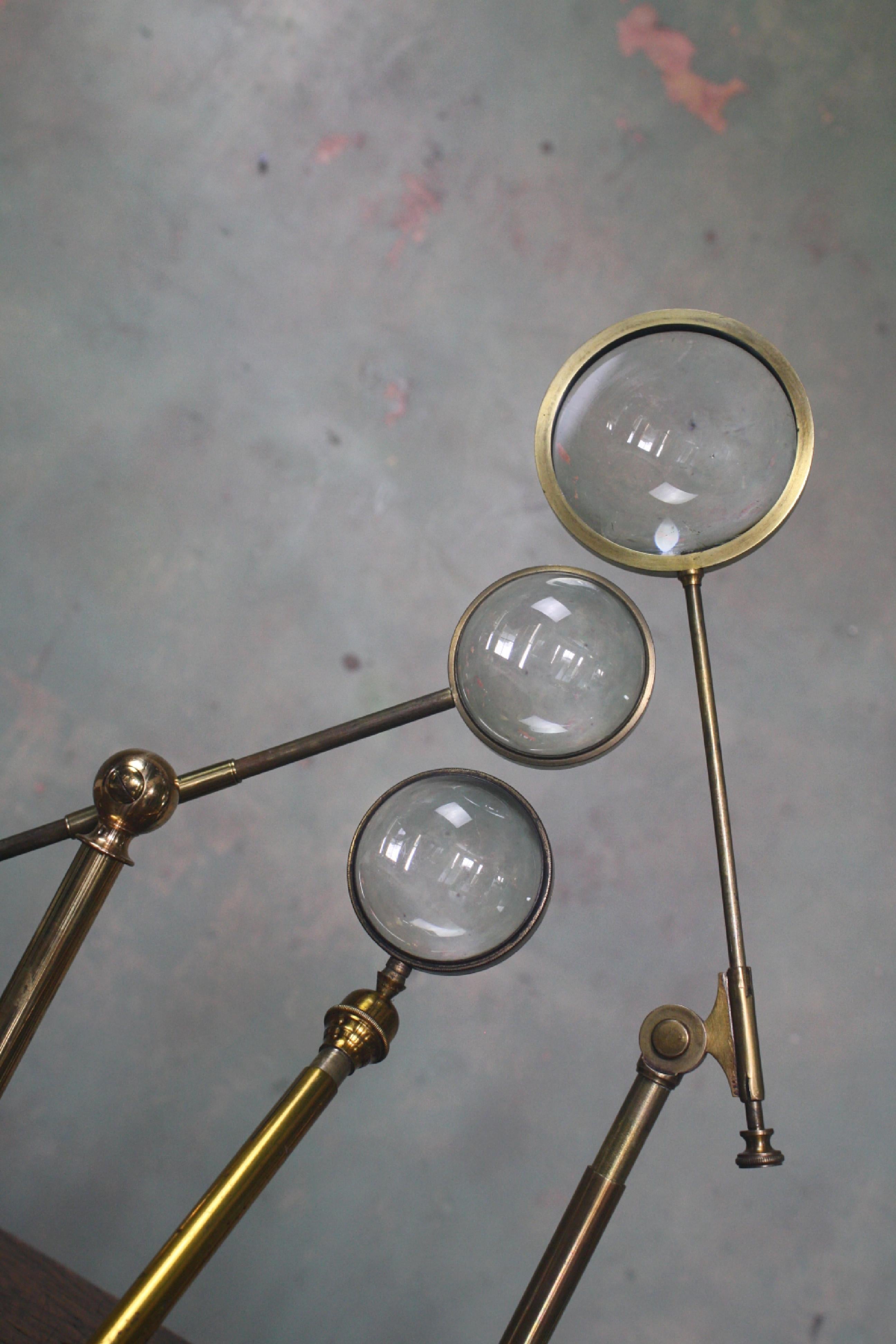Early 20th Century Trio of Large Brass Adjustable Table Top Condensing Lenses 2