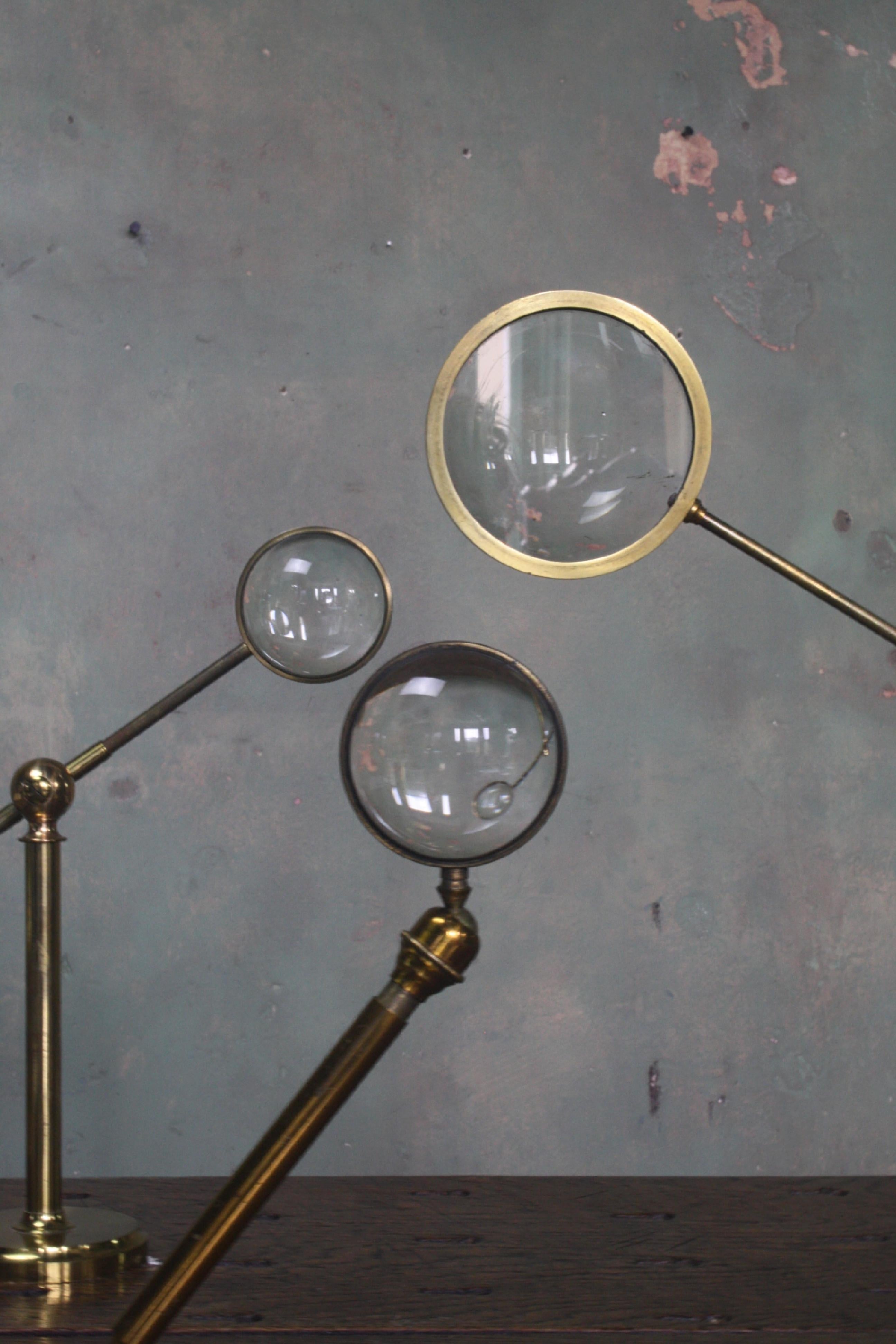 Early 20th Century Trio of Large Brass Adjustable Table Top Condensing Lenses 4