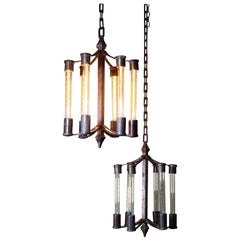 Early 20th Century Art Deco Large Modernist Bronze Pedestal Pendants Lanterns Early 20th Century Art Deco Large Modernist Bronze Pedestal Pendants Lanterns