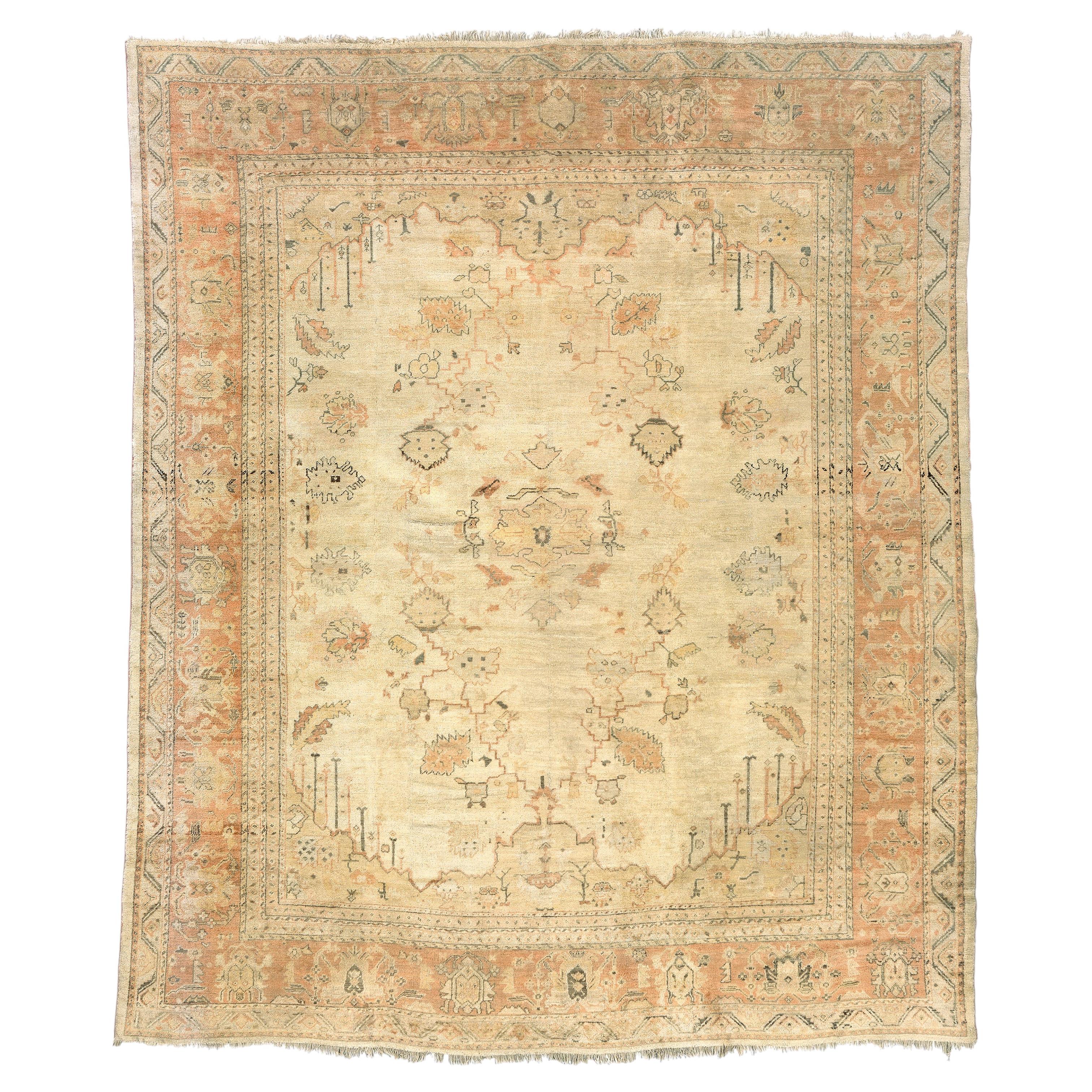 Early 20th Century Turkish Beige Geometric Oushak Rug