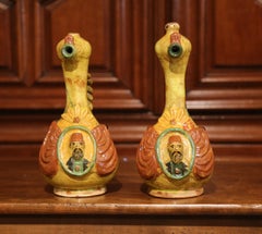 Early 20th Century Turkish Ceramic Hand-Painted Oil Pitchers with Handles, Pair