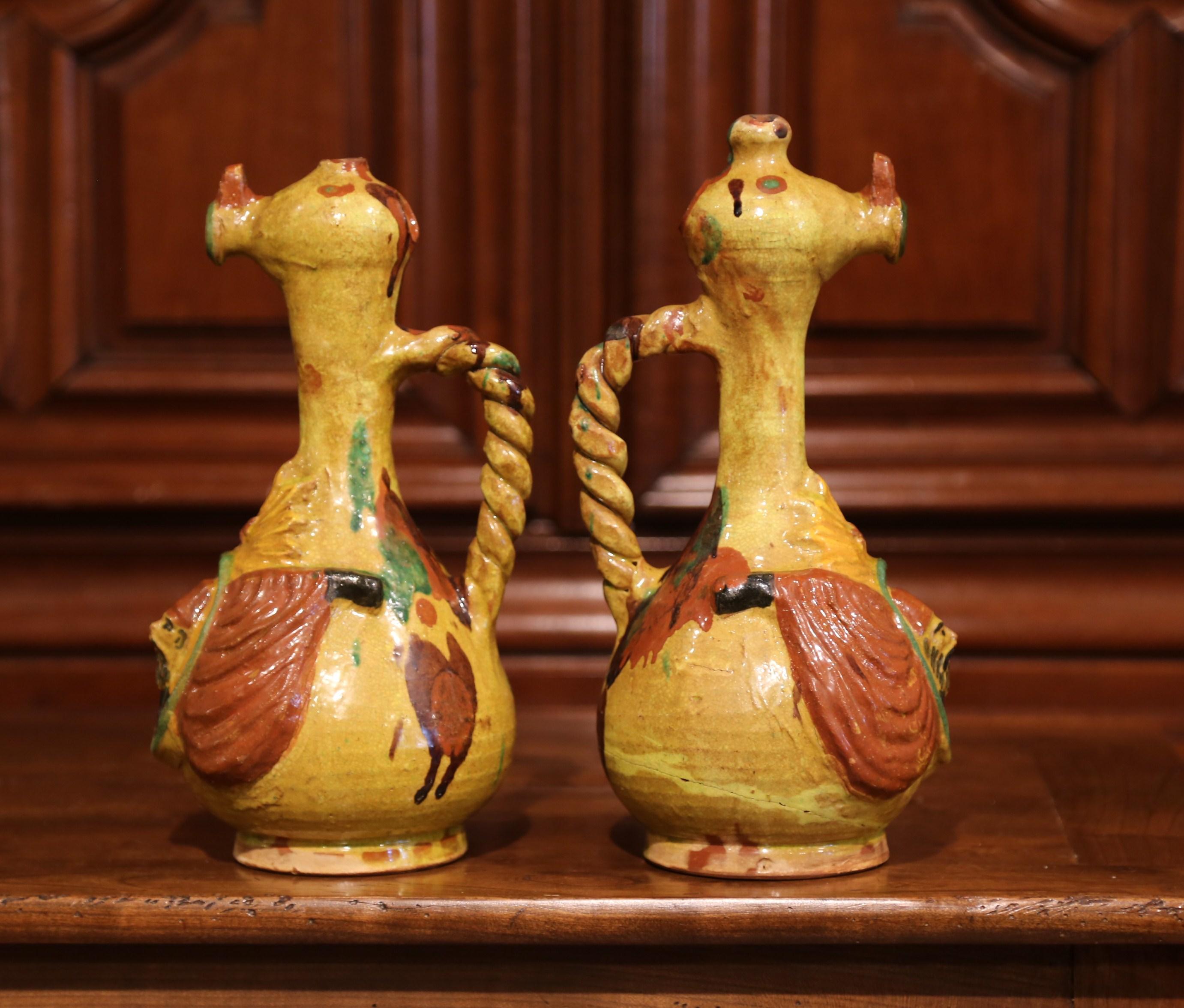 Early 20th Century Turkish Ceramic Hand-Painted Oil Pitchers with Handles, Pair In Good Condition In Dallas, TX