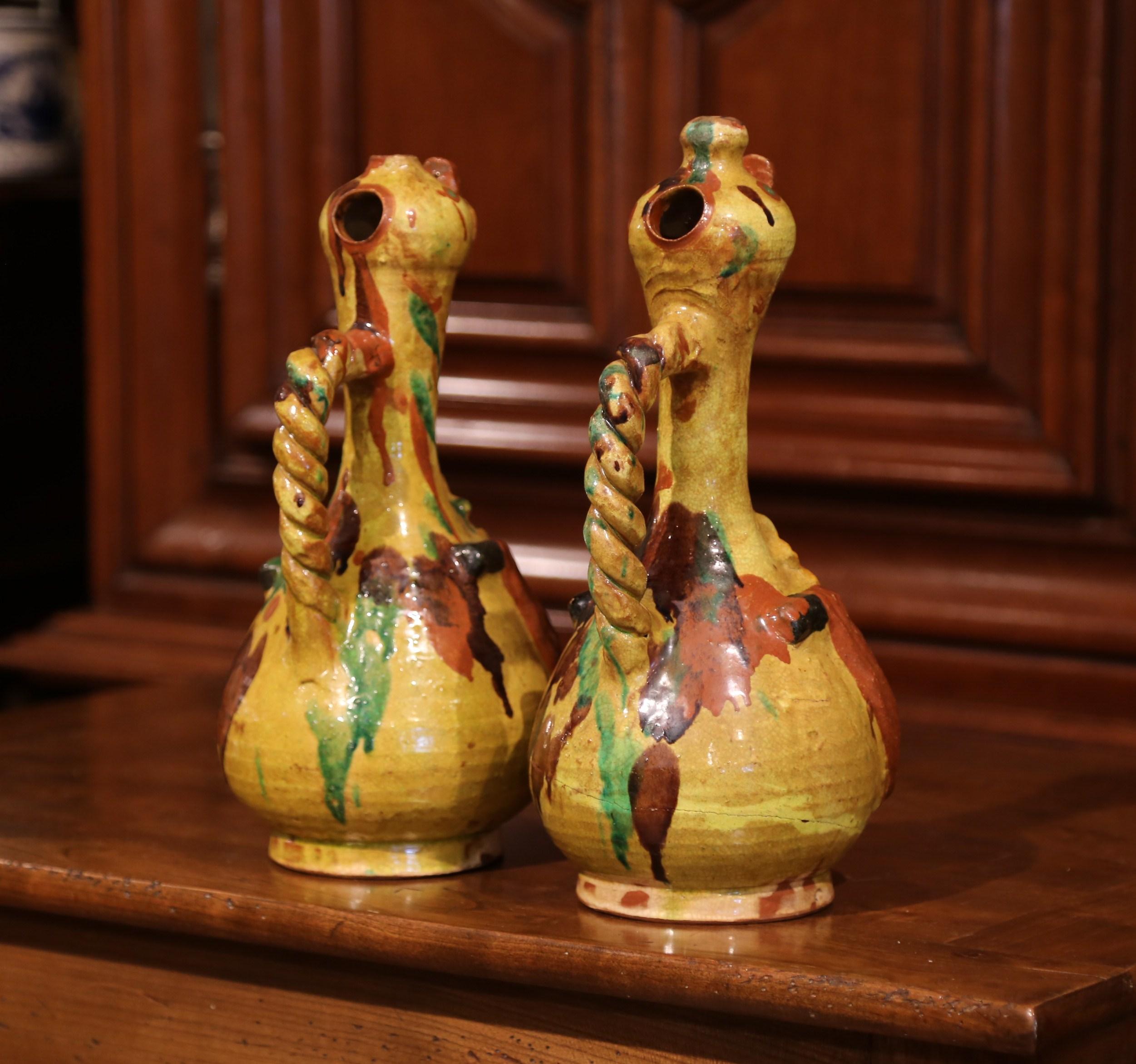Early 20th Century Turkish Ceramic Hand-Painted Oil Pitchers with Handles, Pair 1