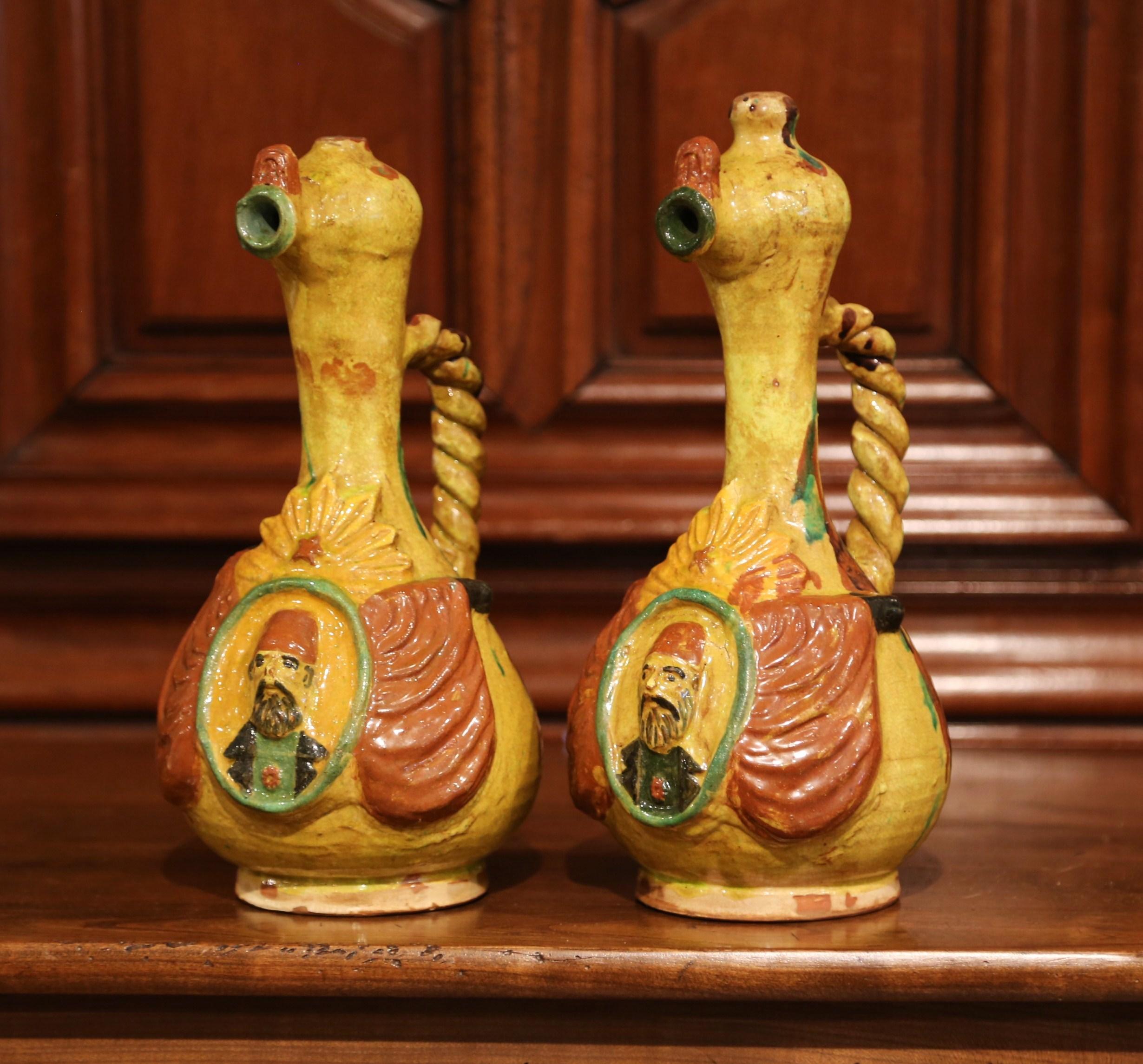 Early 20th Century Turkish Ceramic Hand-Painted Oil Pitchers with Handles, Pair 2