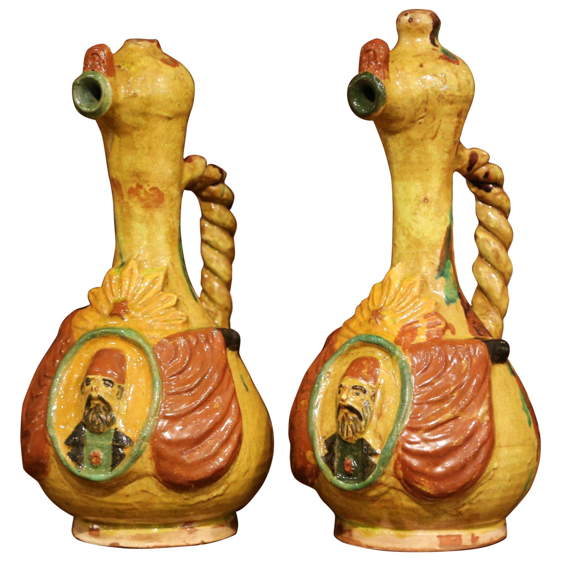 Early 20th Century Turkish Ceramic Hand-Painted Oil Pitchers with Handles, Pair