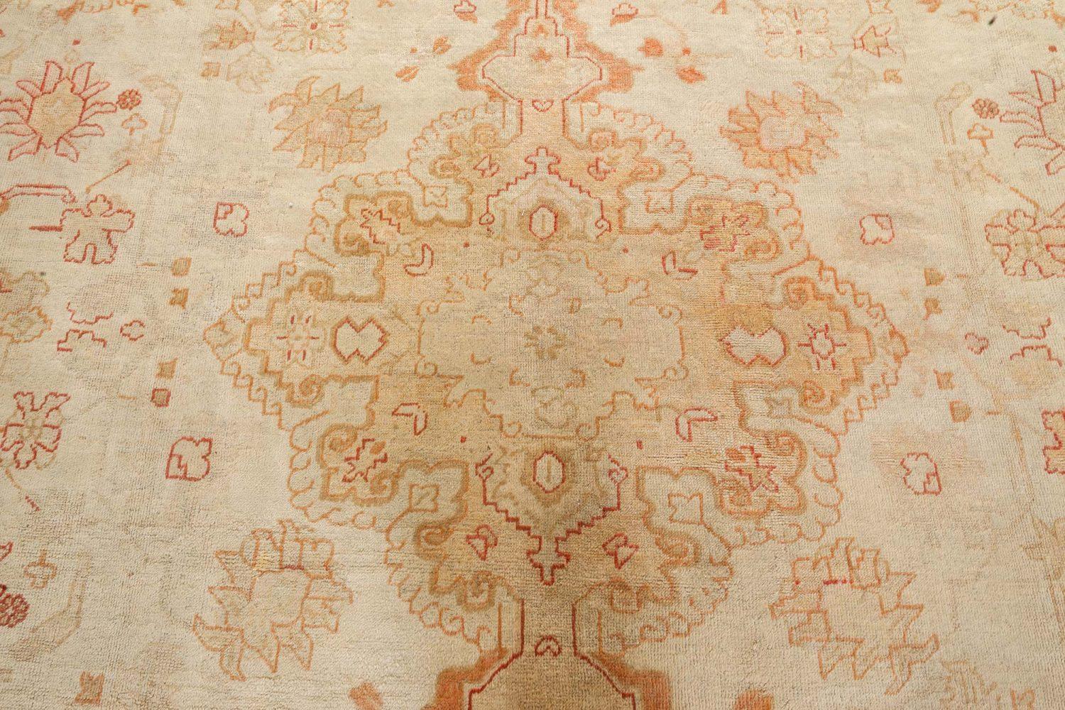 Early 20th Century Turkish Oushak beige, gold, orange hand knotted wool rug
Size: 12'6