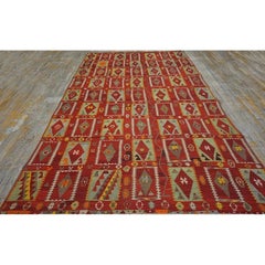 1900s Red Geometric Antique Turkish Oushak Flat-Weave Rug 6'6" x 11' Wool Carpet
