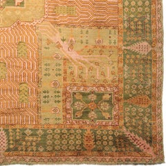 Early 20th Century Turkish Green, Yellow, and Coral Garden Design Oushak Rug