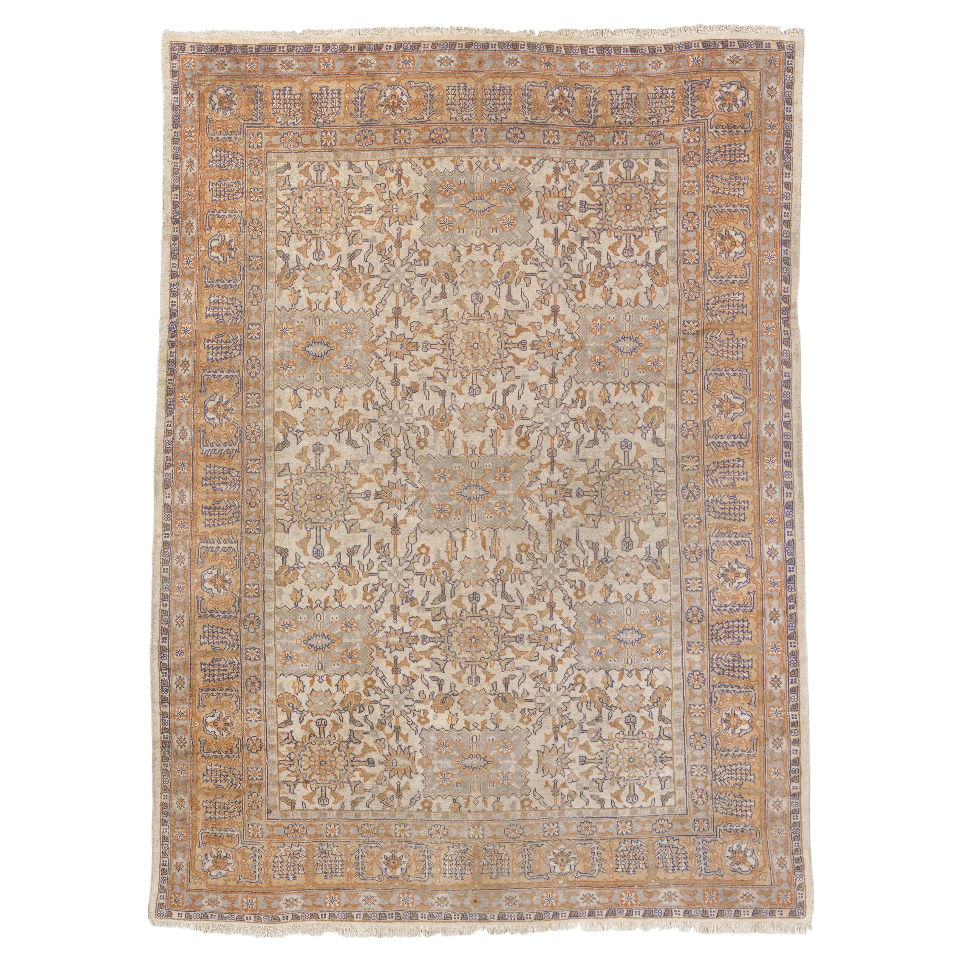 Early 20th Century Beige Geometric Floral Turkish Oushak Rug For Sale