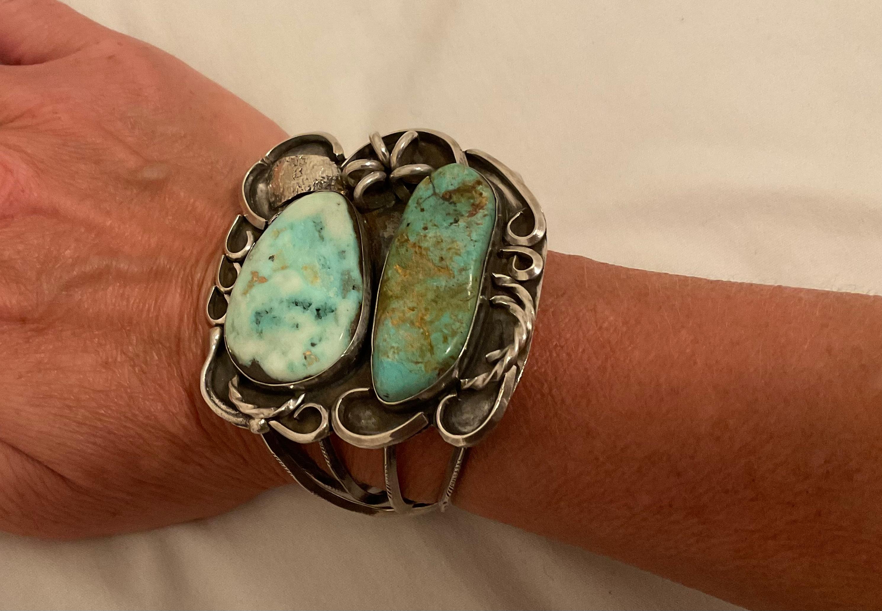 Early 20th Century Turquoise Mountain Bird's Eye Sterling Silver Cuff Bracelet 1
