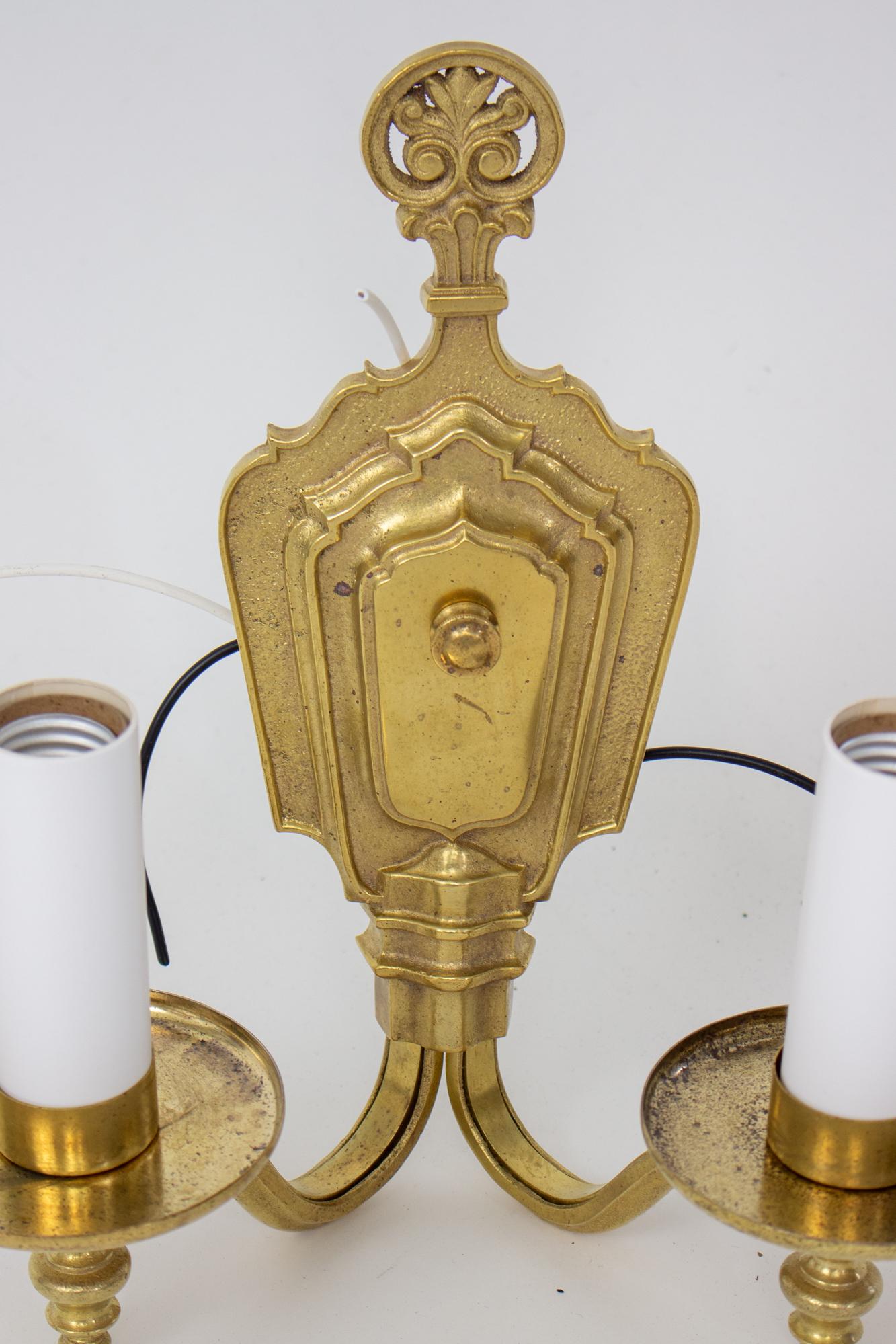 Art Deco Early 20th Century Two Arm Brass Miller Sconce For Sale