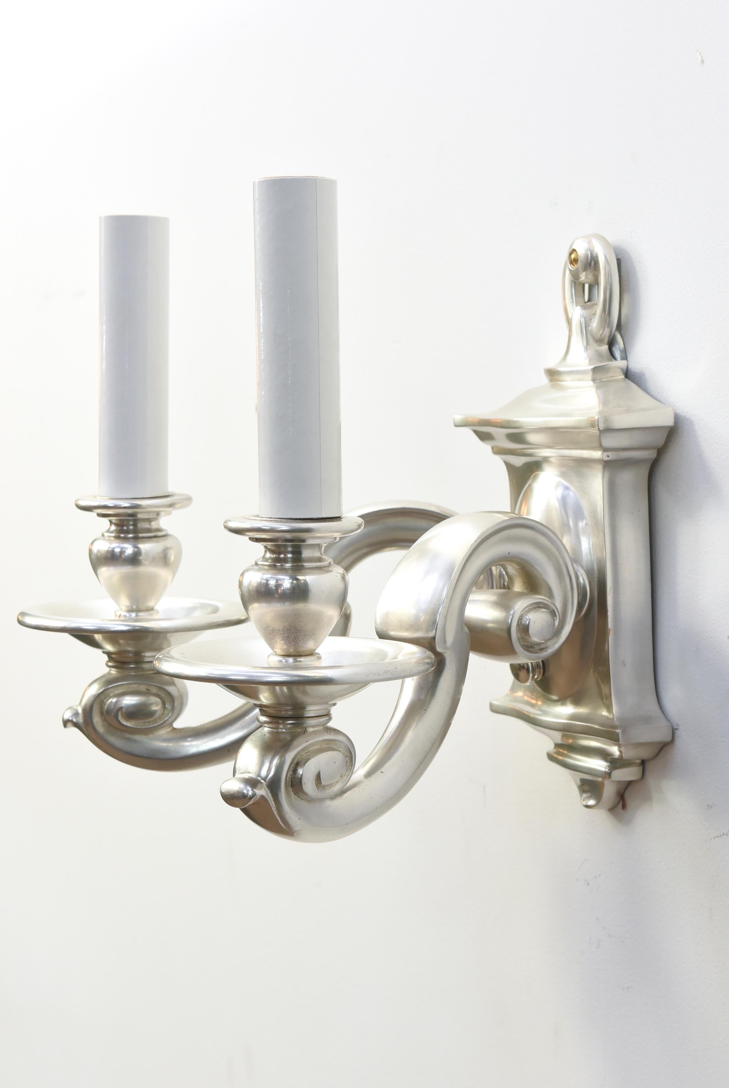 Silver Plate Early 20th Century Two Arm Silver Rococo Sconces For Sale