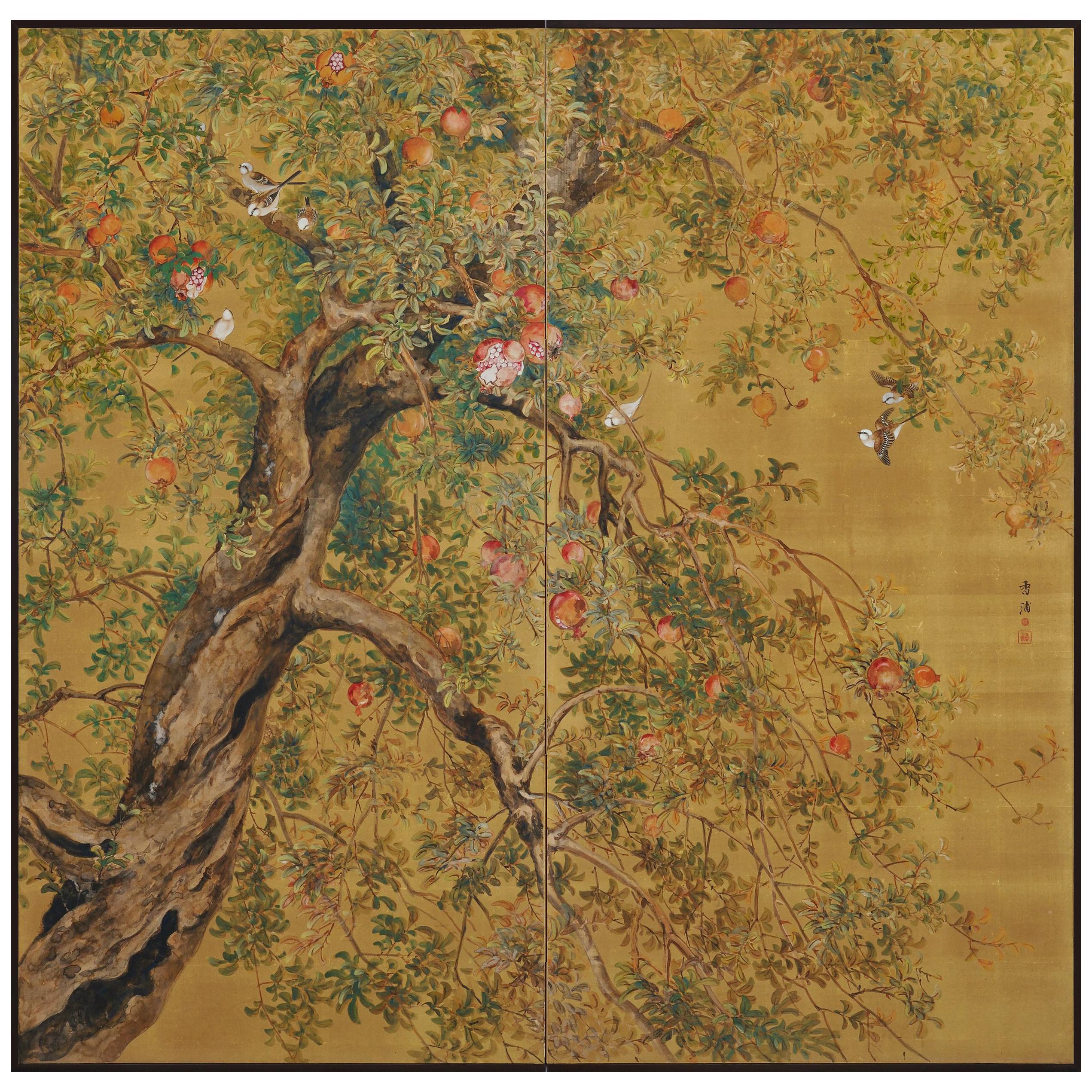 Early 20th Century Two-Panel Japanese Silk Screen, Pomegranate and Small Birds