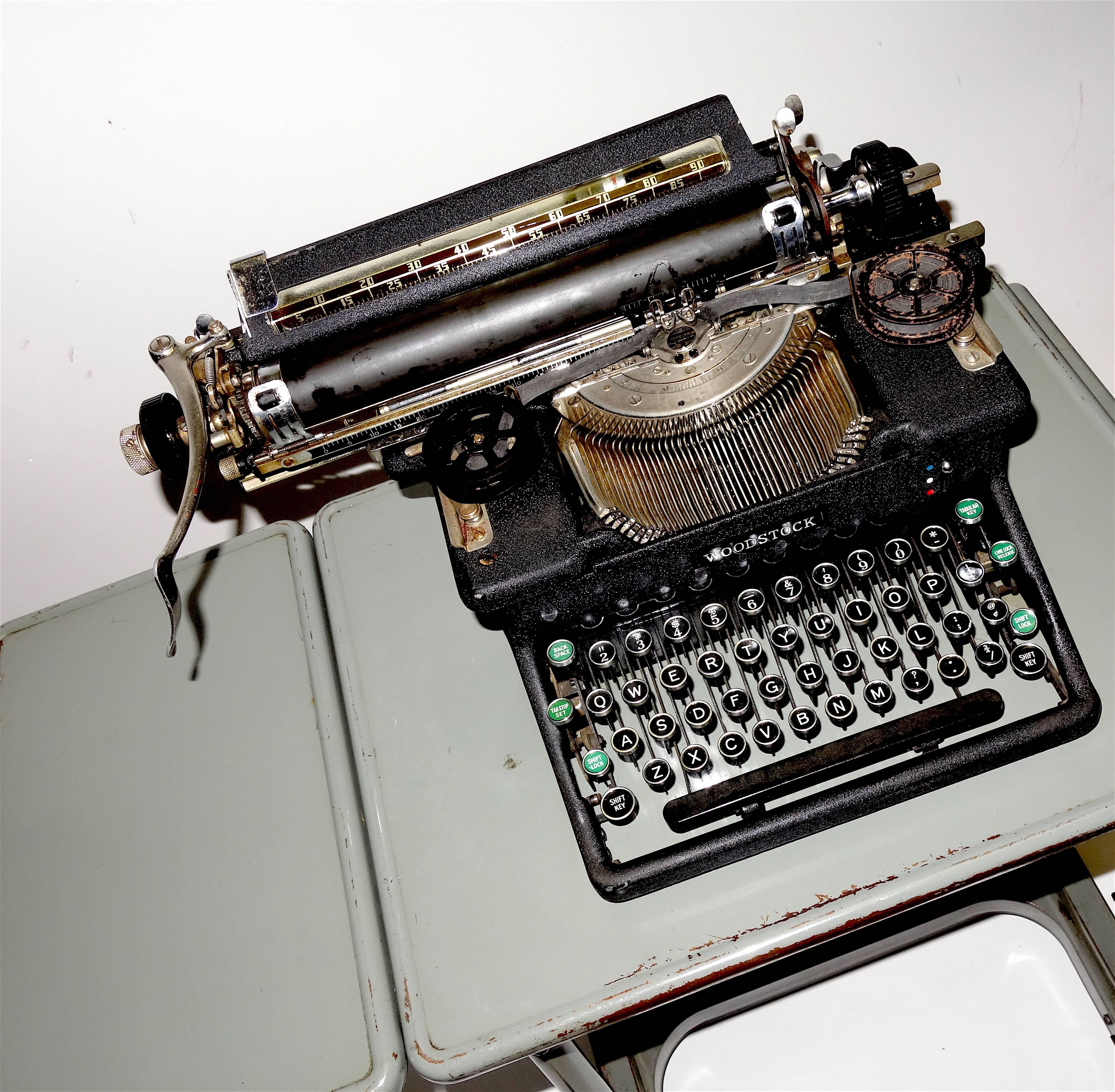 Industrial Early 20th Century Typewriter, on Steel Dual Drop-Leaf Rolling Typewriter Table For Sale