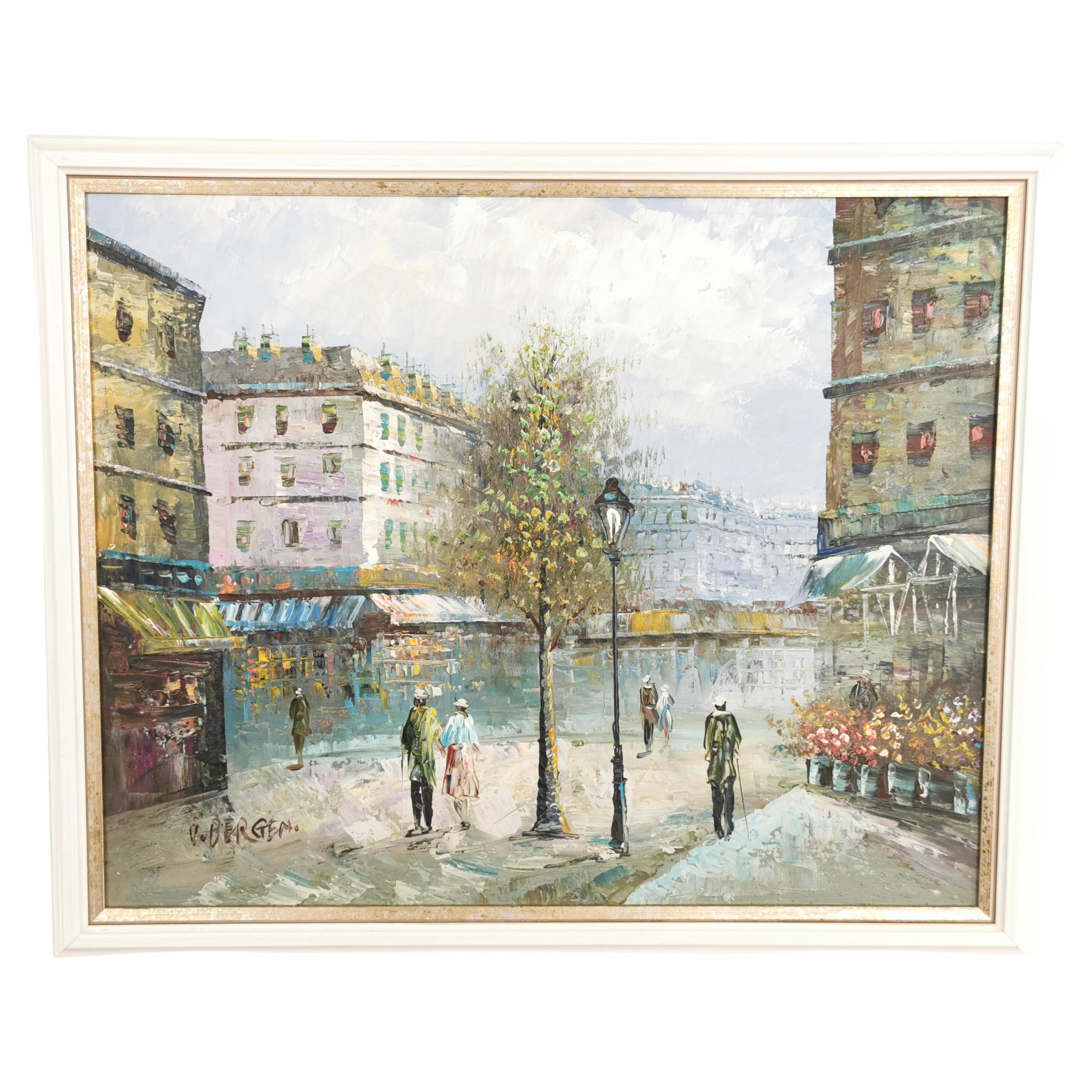 Début du 20ème siècle V. Bergen Scène de rue française Huile sur toile en vente