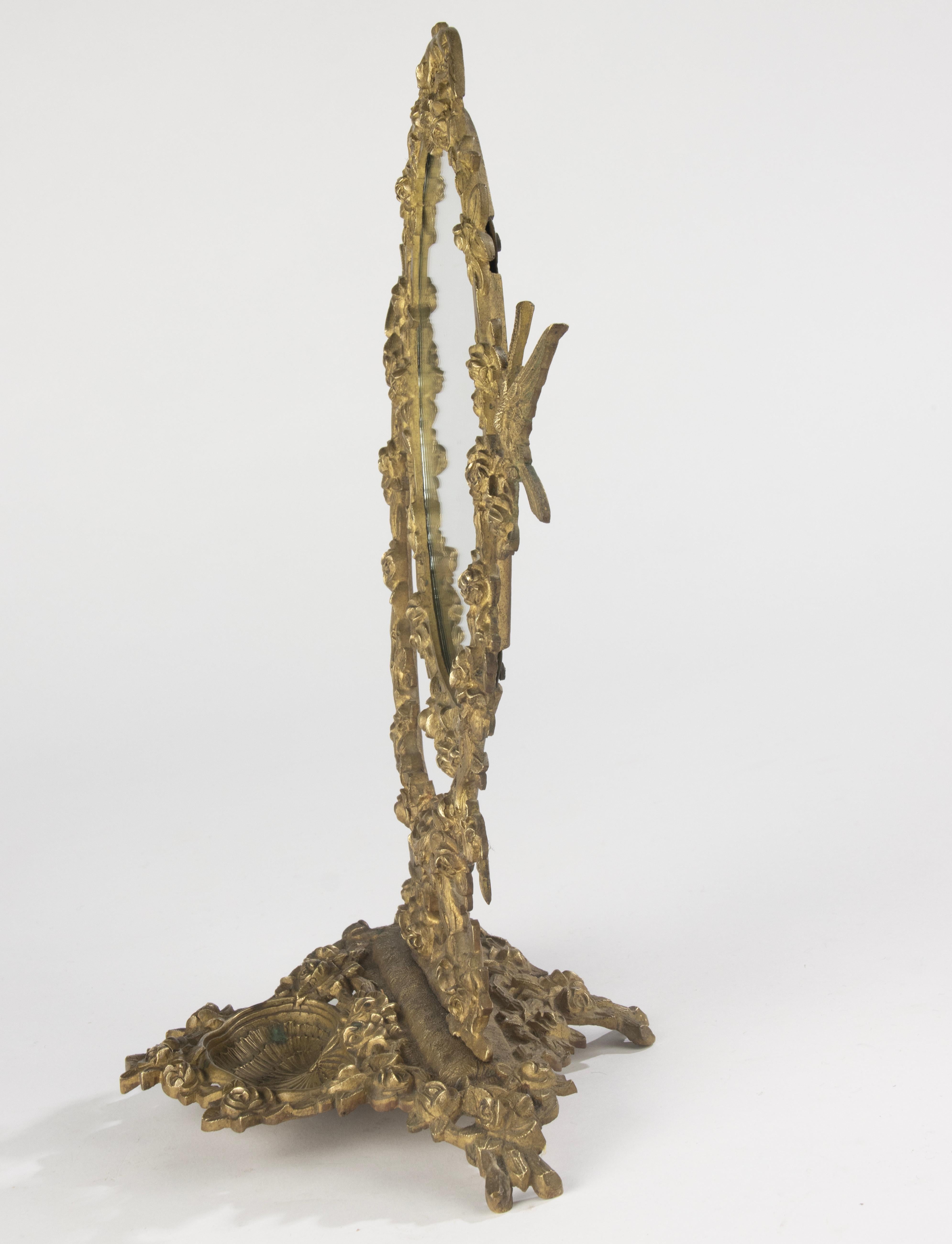 Miroir de courtoisie du début du XXe siècle - France - Bronze - Motif d'oiseaux et de fleurs en vente 5