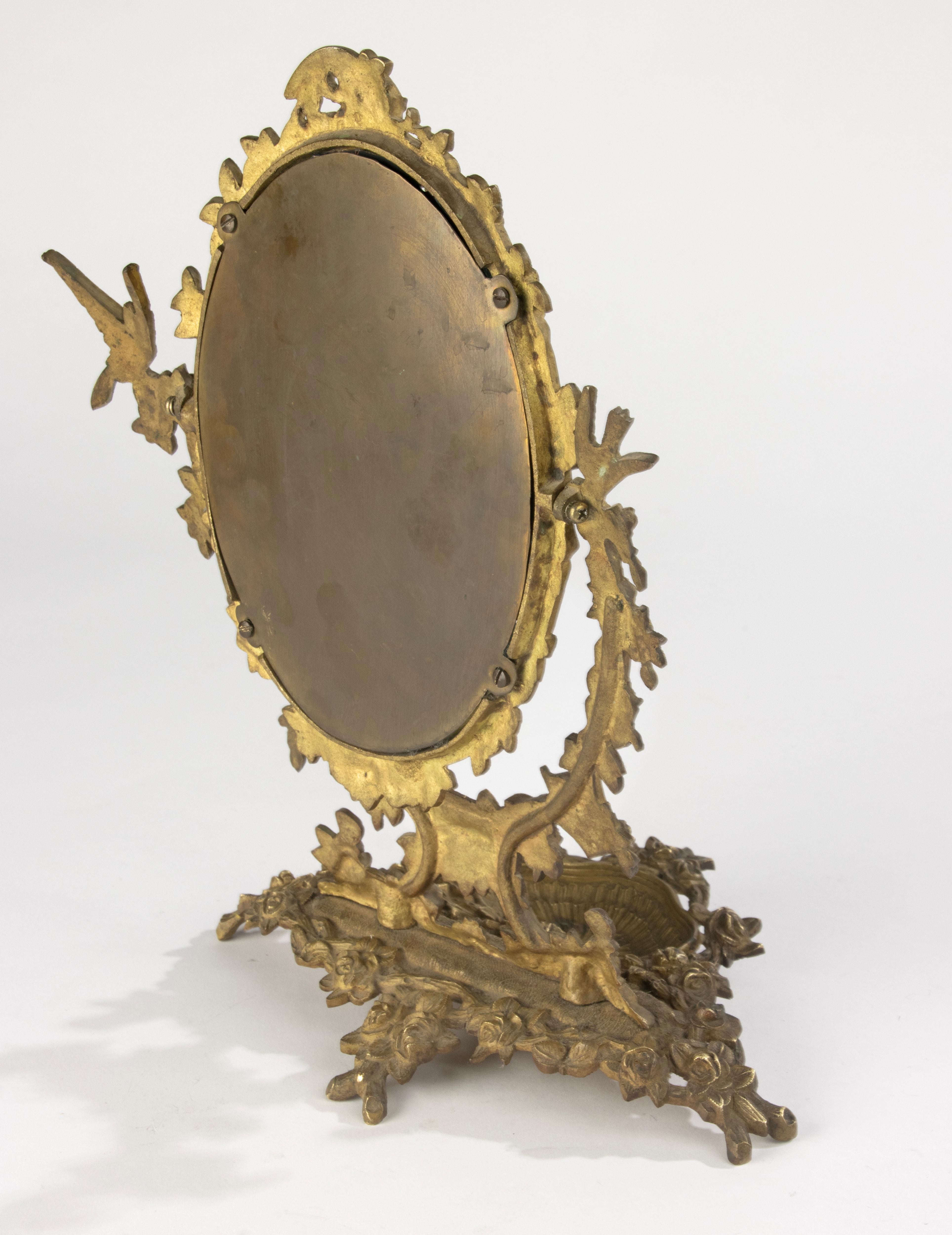 Miroir de courtoisie du début du XXe siècle - France - Bronze - Motif d'oiseaux et de fleurs en vente 7
