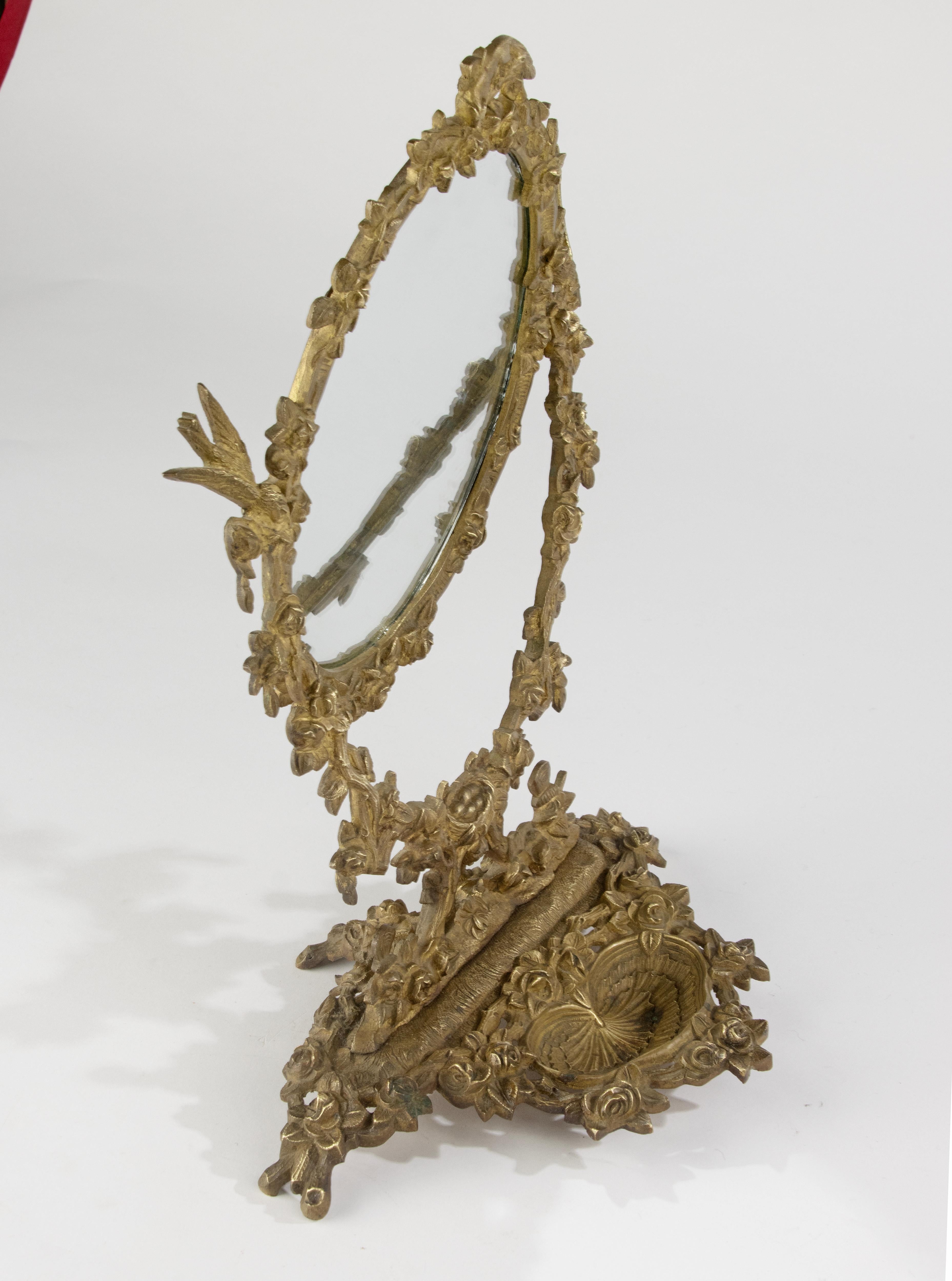 Miroir de courtoisie du début du XXe siècle - France - Bronze - Motif d'oiseaux et de fleurs en vente 9