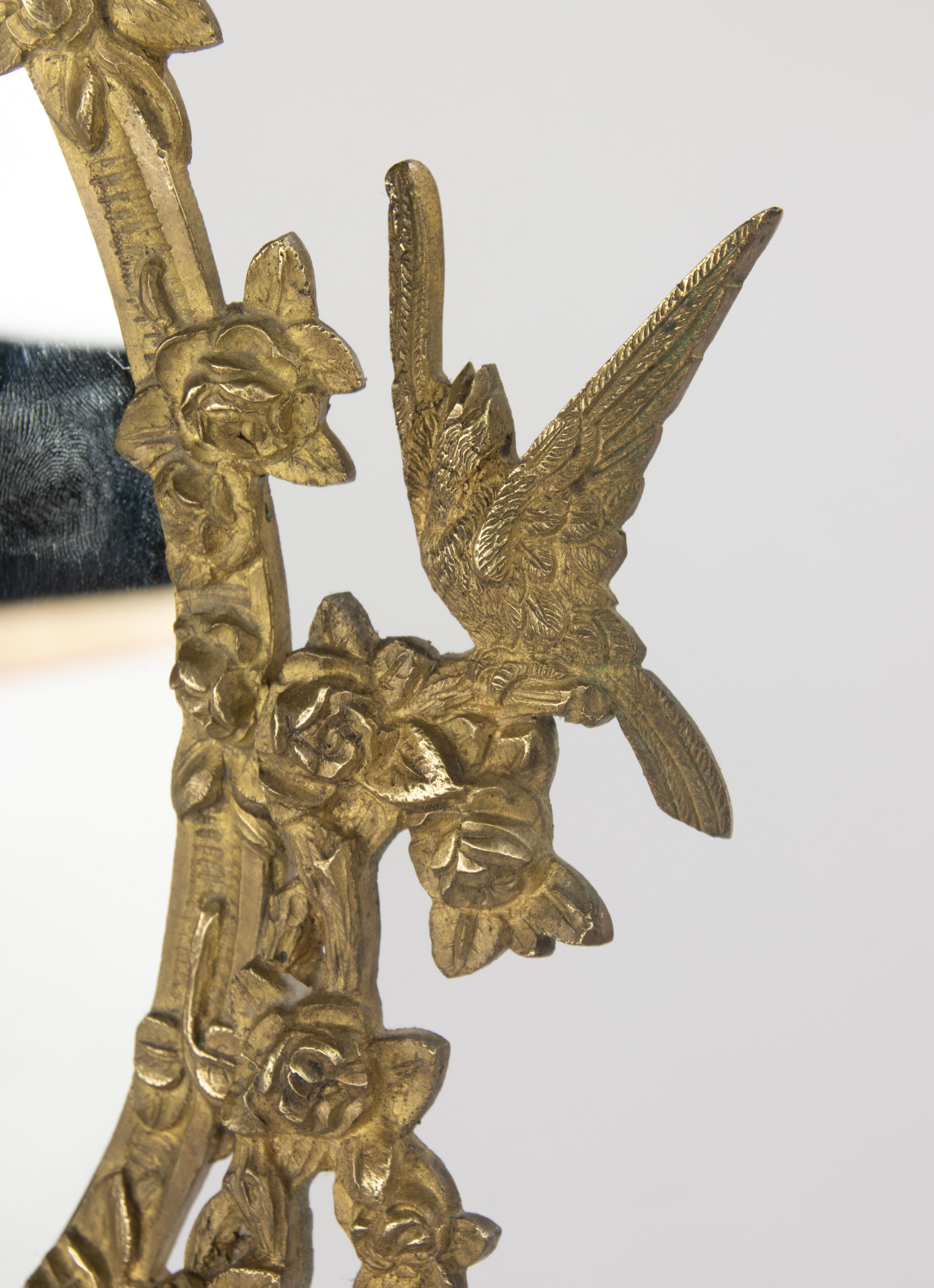 Miroir de courtoisie du début du XXe siècle - France - Bronze - Motif d'oiseaux et de fleurs Bon état - En vente à Casteren, Noord-Brabant