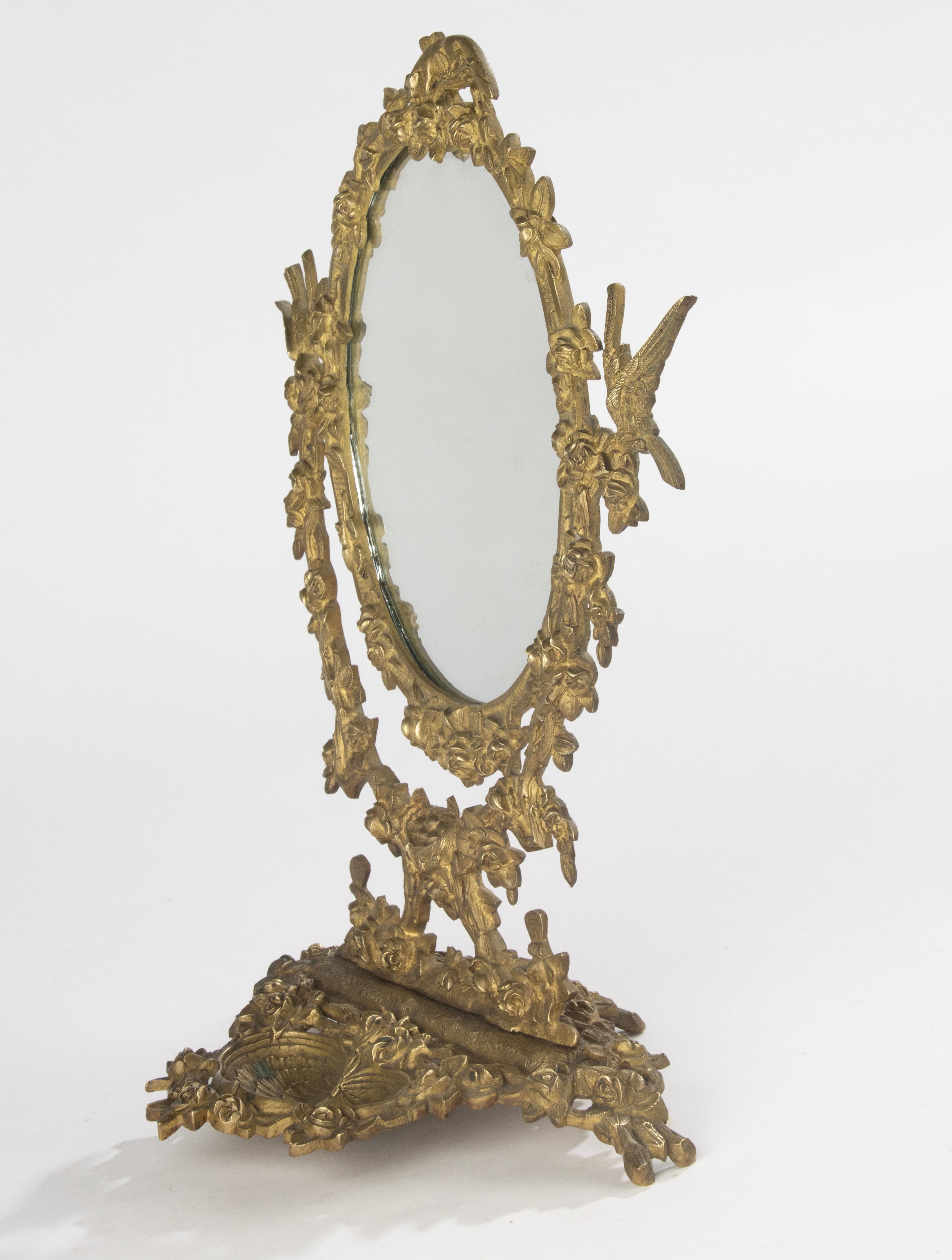 Miroir de courtoisie du début du XXe siècle - France - Bronze - Motif d'oiseaux et de fleurs en vente 1
