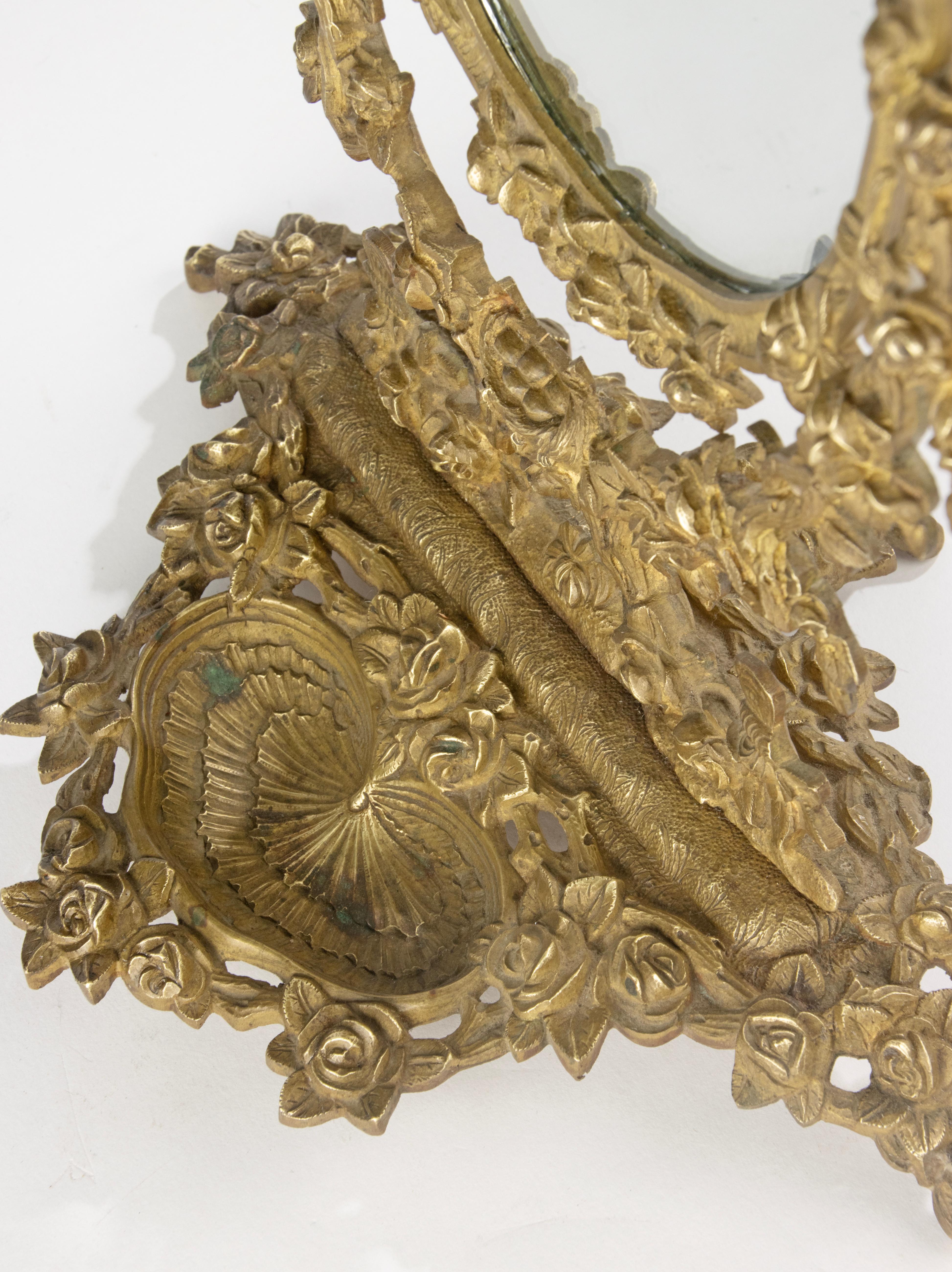 Miroir de courtoisie du début du XXe siècle - France - Bronze - Motif d'oiseaux et de fleurs en vente 2