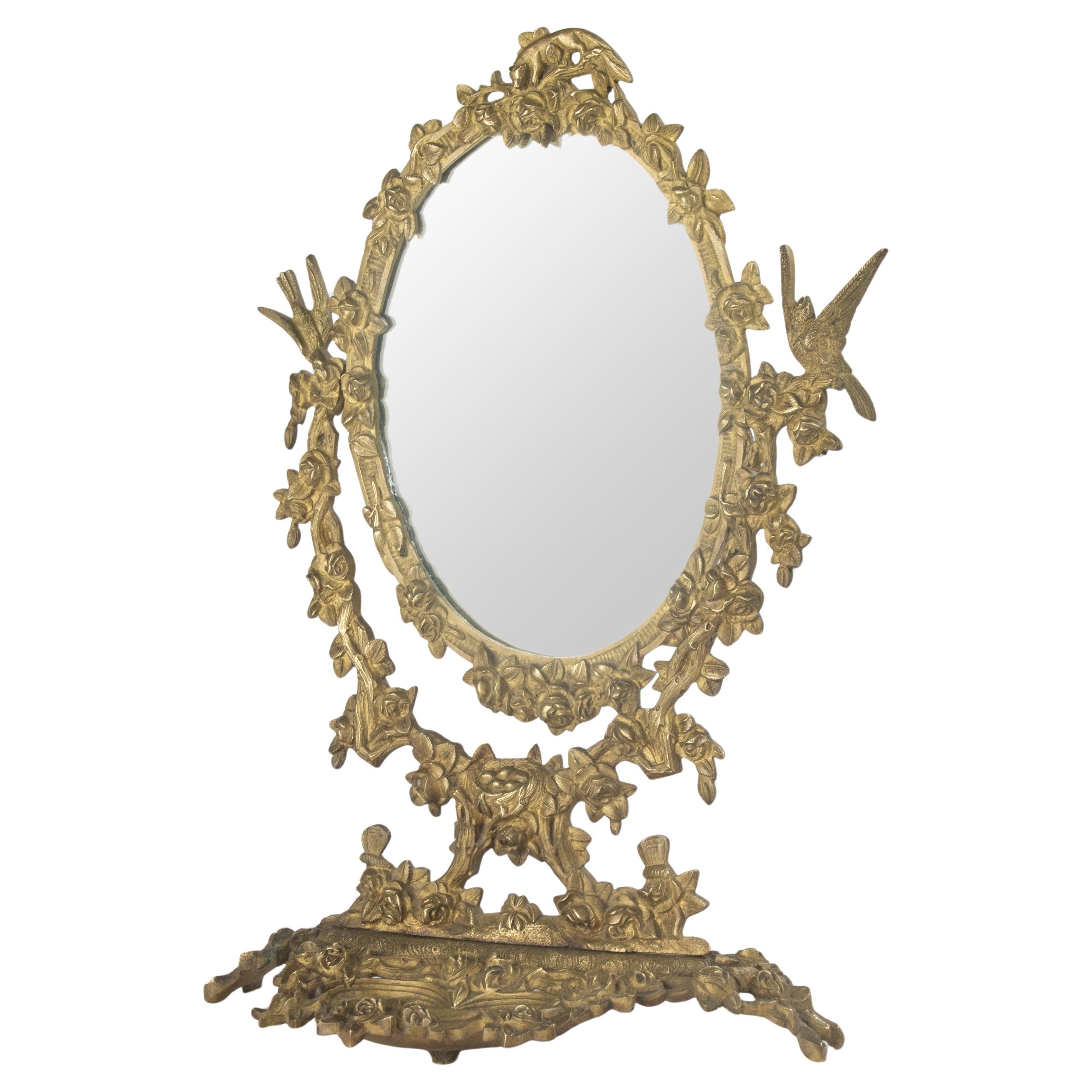 Miroir de courtoisie du début du XXe siècle - France - Bronze - Motif d'oiseaux et de fleurs