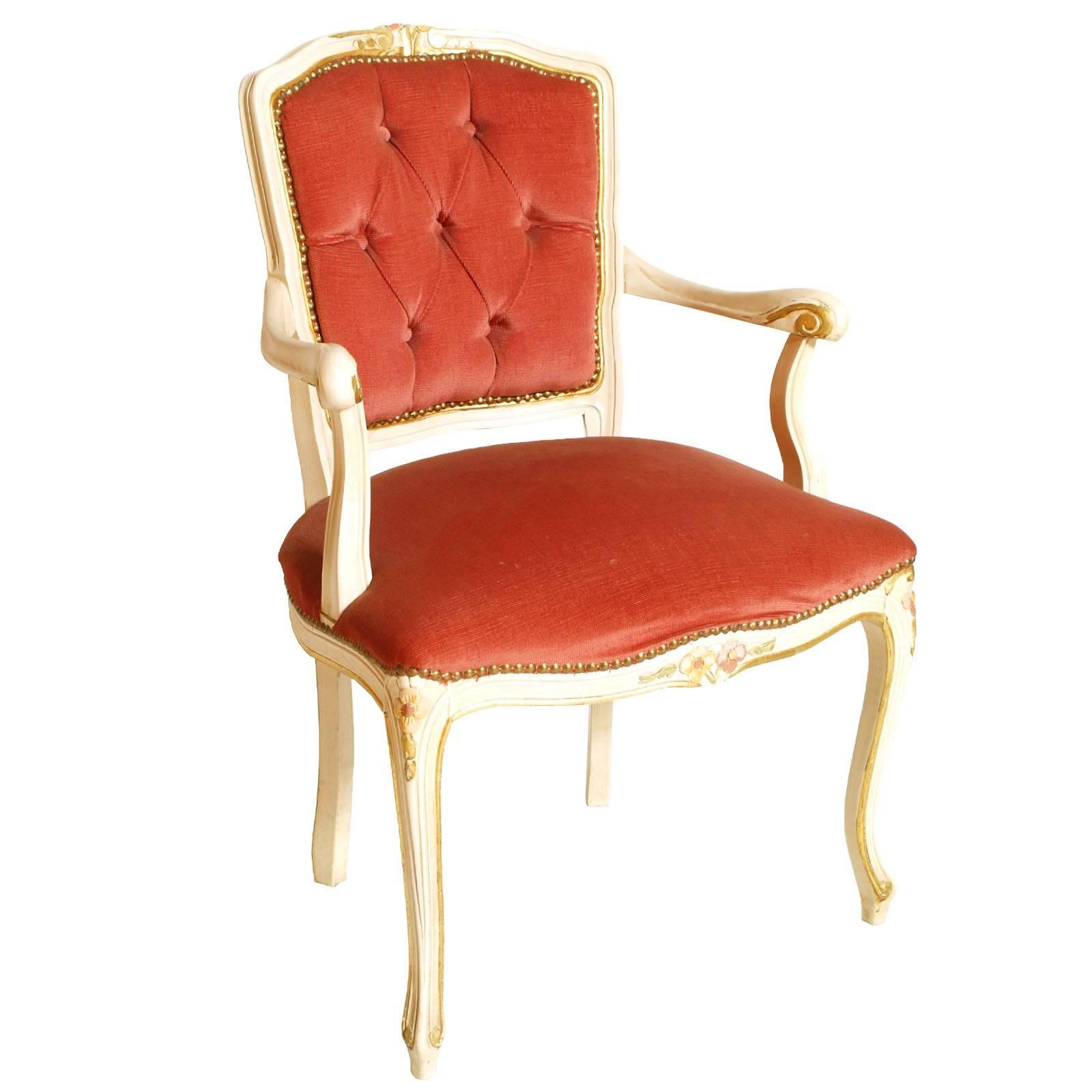 They can be sold separately
Pair of Venetian Baroque chairs Louis XV decorated armchairs
Hand-decorated with natural and white lacquered colors, padding on the tufted backrest, covered with coral red velvet in excellent conditions; artisan