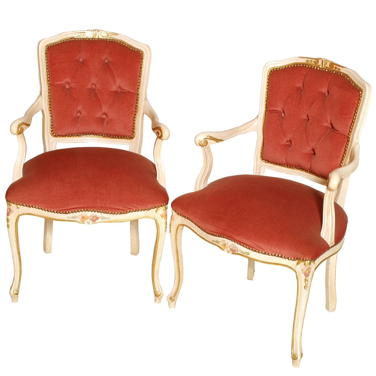 Early 20th Century Venetian Baroque Armchairs, Lacquered Pink Velvet Upholstered For Sale