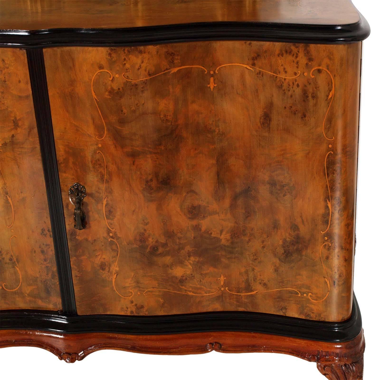 Italian Early 20th Century Venetian Baroque Mirrored Sideboard Carved Walnut Burl Walnut