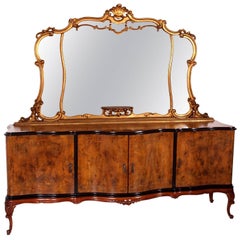 Early 20th Century Venetian Baroque Mirrored Sideboard Carved Walnut Burl Walnut