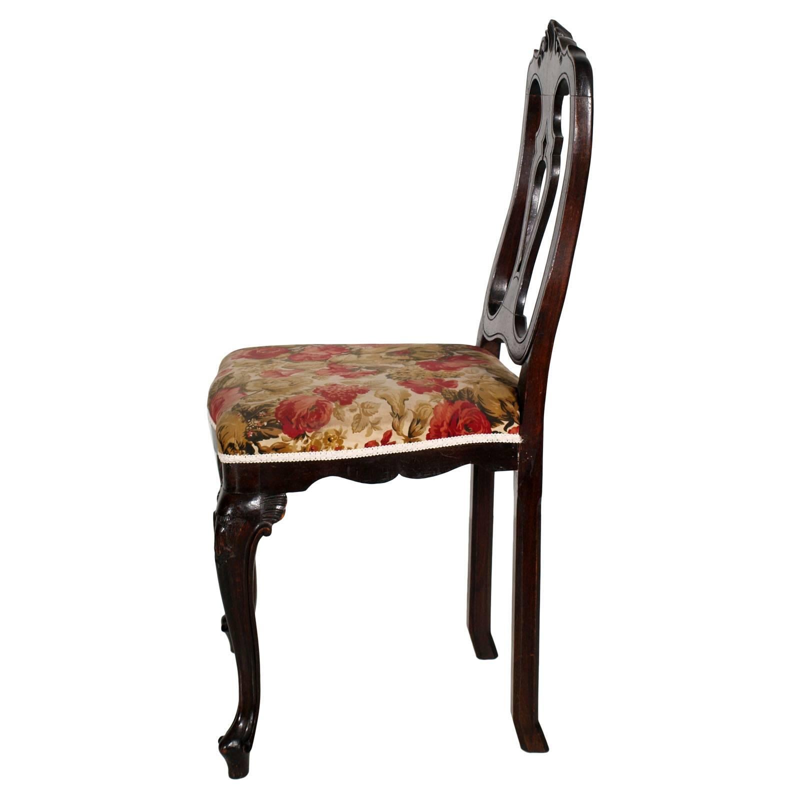 Italian Early 20th Century Venetian Baroque Side Chairs, Hand-Carved Walnut Wax-Polished